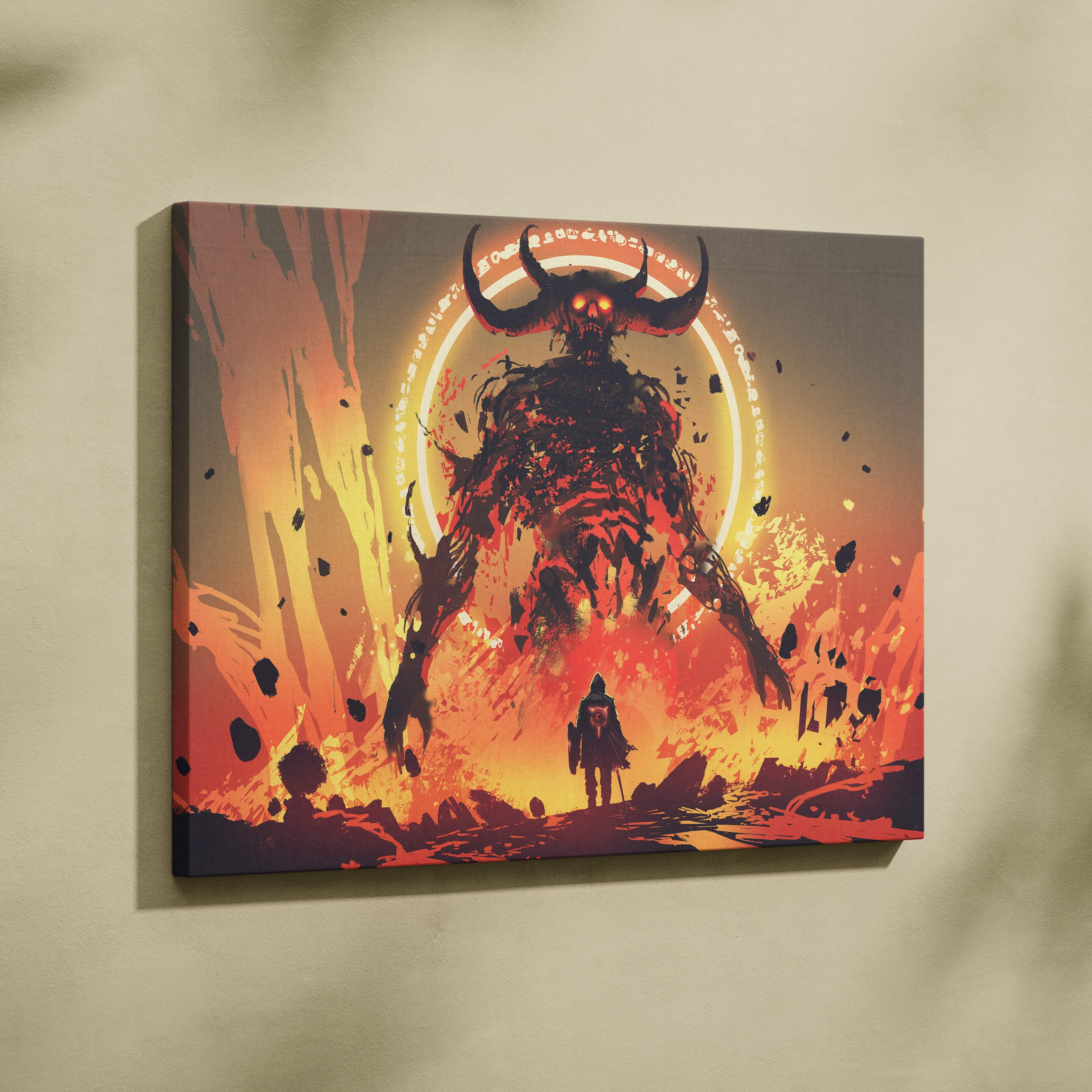 Epic demon lord canvas wall art featuring a towering horned figure with glowing eyes against fiery orange red backdrop