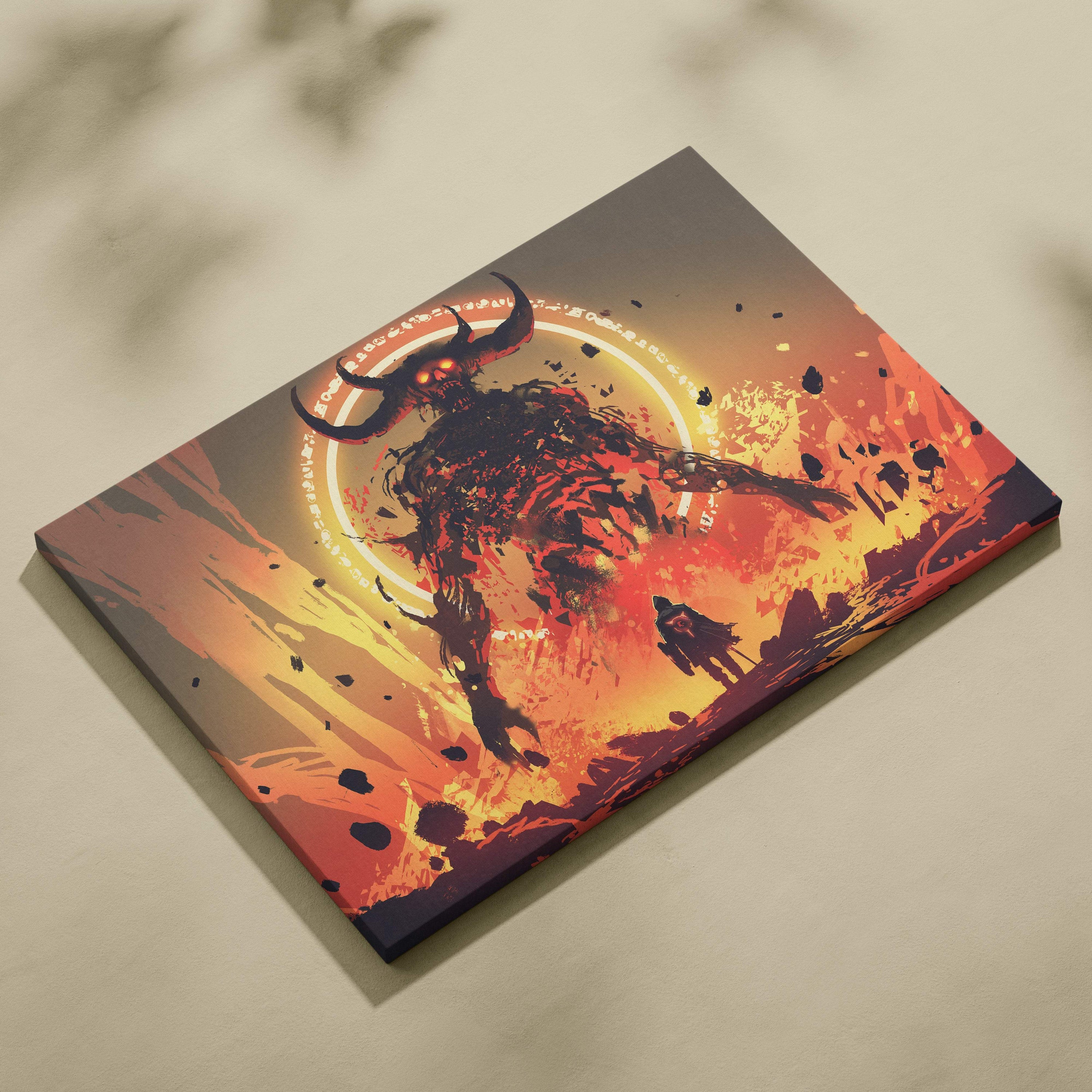 A vibrant rectangular canvas print of a fiery demon lord with glowing eyes on an orange and yellow hellscape background