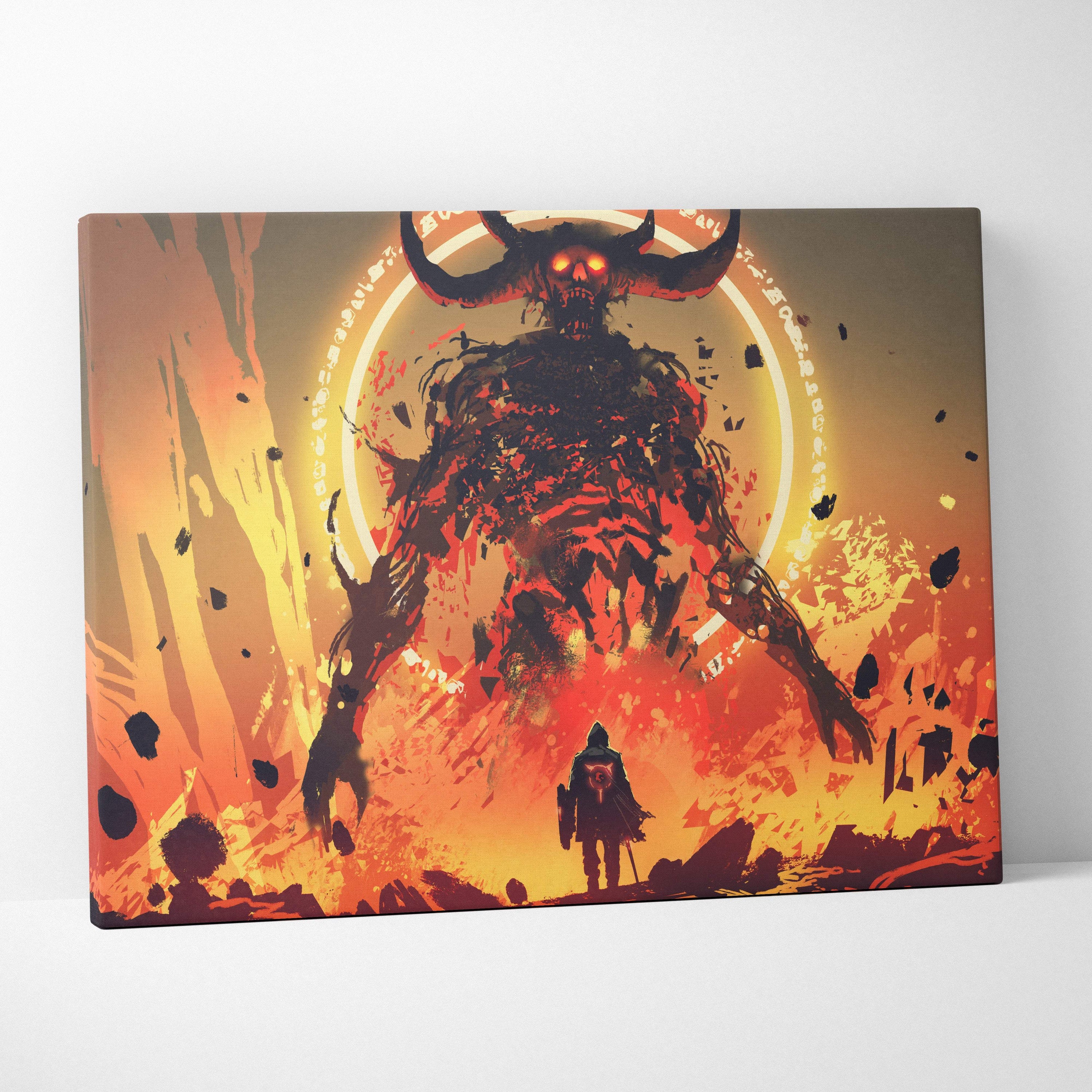Epic demon lord canvas wall art with vibrant orange and red hellscape featuring a towering demonic figure and warrior silhouette