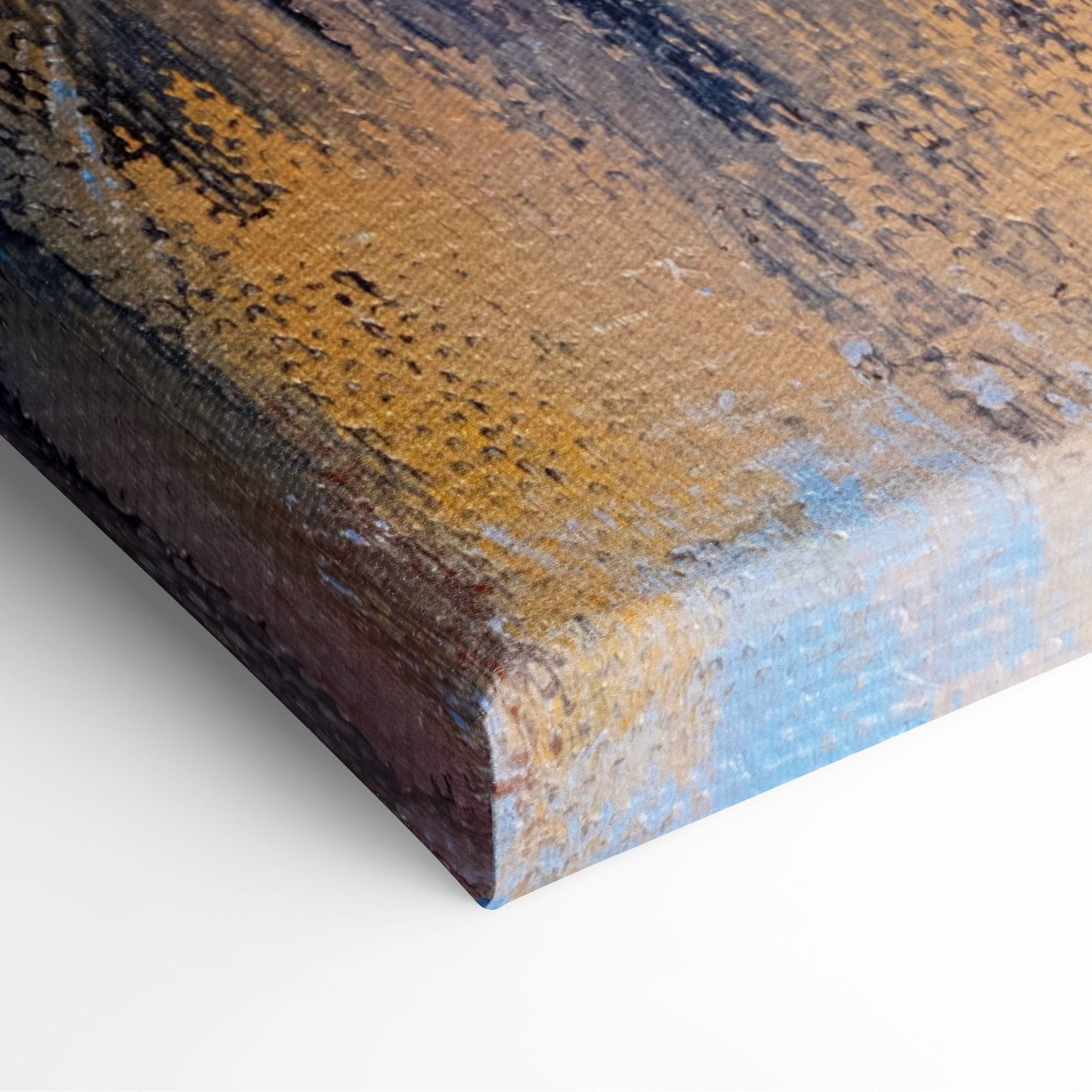 Abstract cityscape reflection canvas print featuring textured brushstrokes in earthy golds and deep blues for modern decor