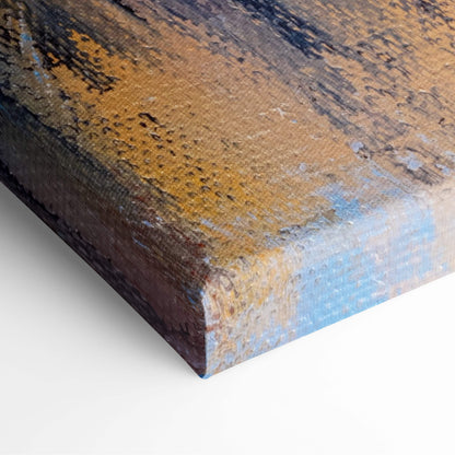 Abstract cityscape reflection canvas print featuring textured brushstrokes in earthy golds and deep blues for modern decor