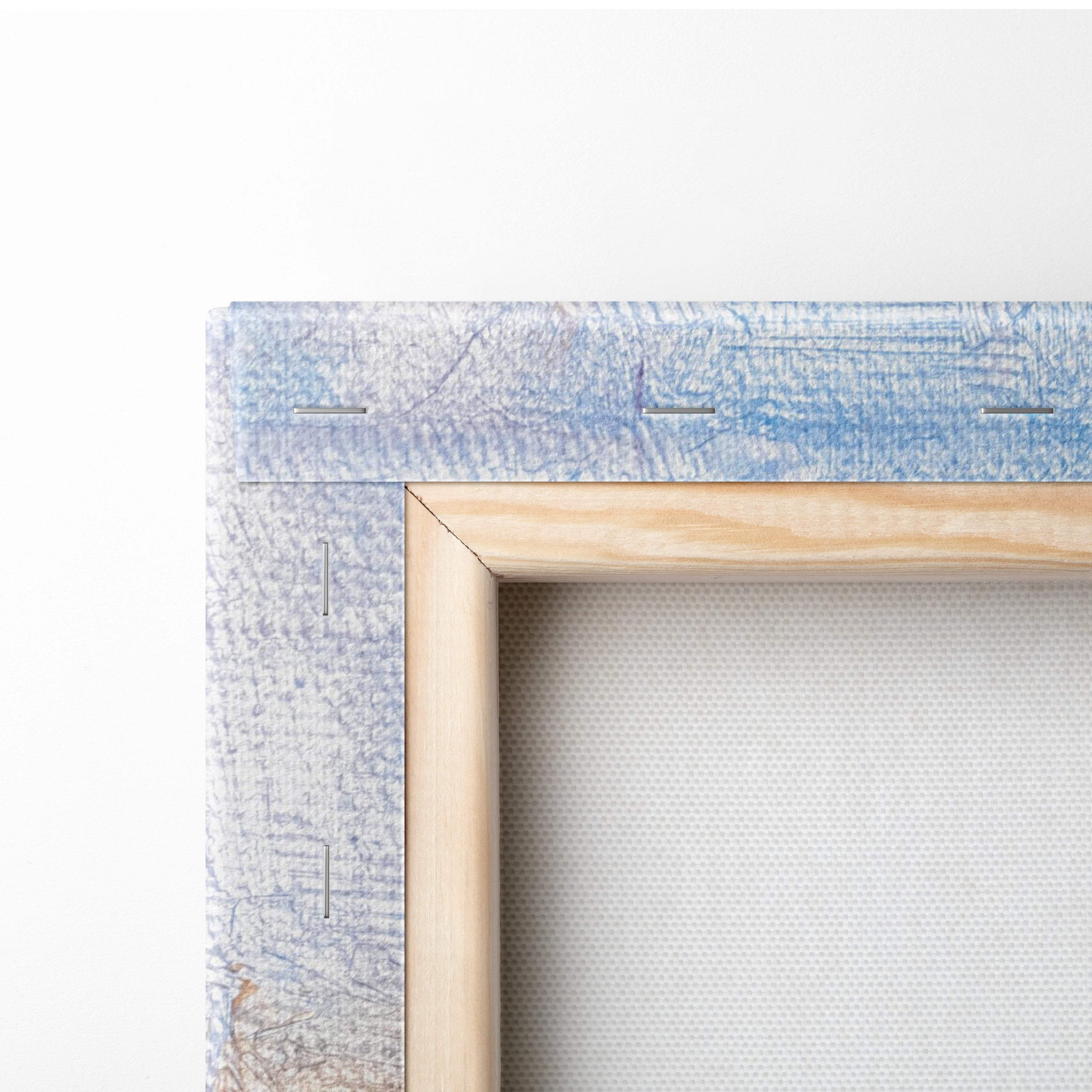 Light blue textured canvas with visible stitching and natural wood border for abstract cityscape reflection wall art