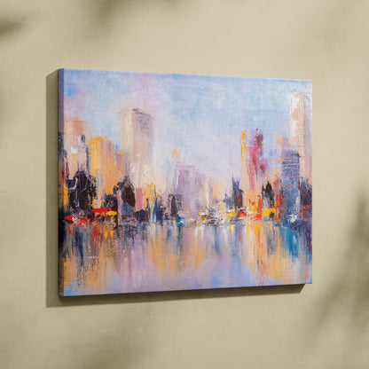 Abstract cityscape reflection painting wall art on stretched canvas with soft pastel hues and textured brushstrokes