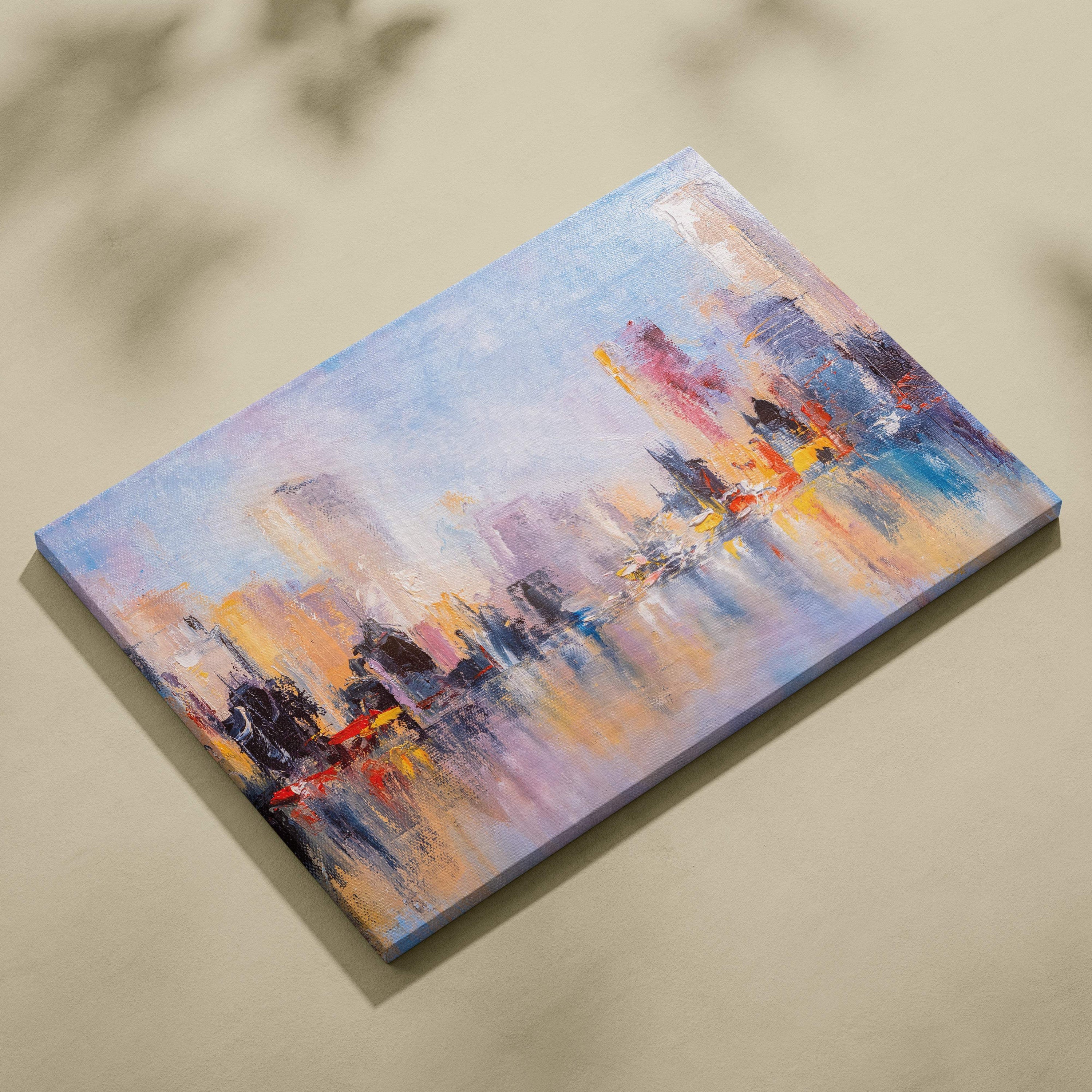 Abstract cityscape reflection painting style wall art on canvas with blended blue orange and purple hues for modern decor