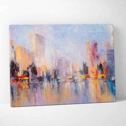 Abstract cityscape reflection painting style wall art on stretched canvas with blue orange and purple brushstrokes