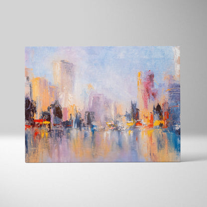 Abstract cityscape reflection painting style wall art with pastel blues orange and purple on canvas with reflective water surface