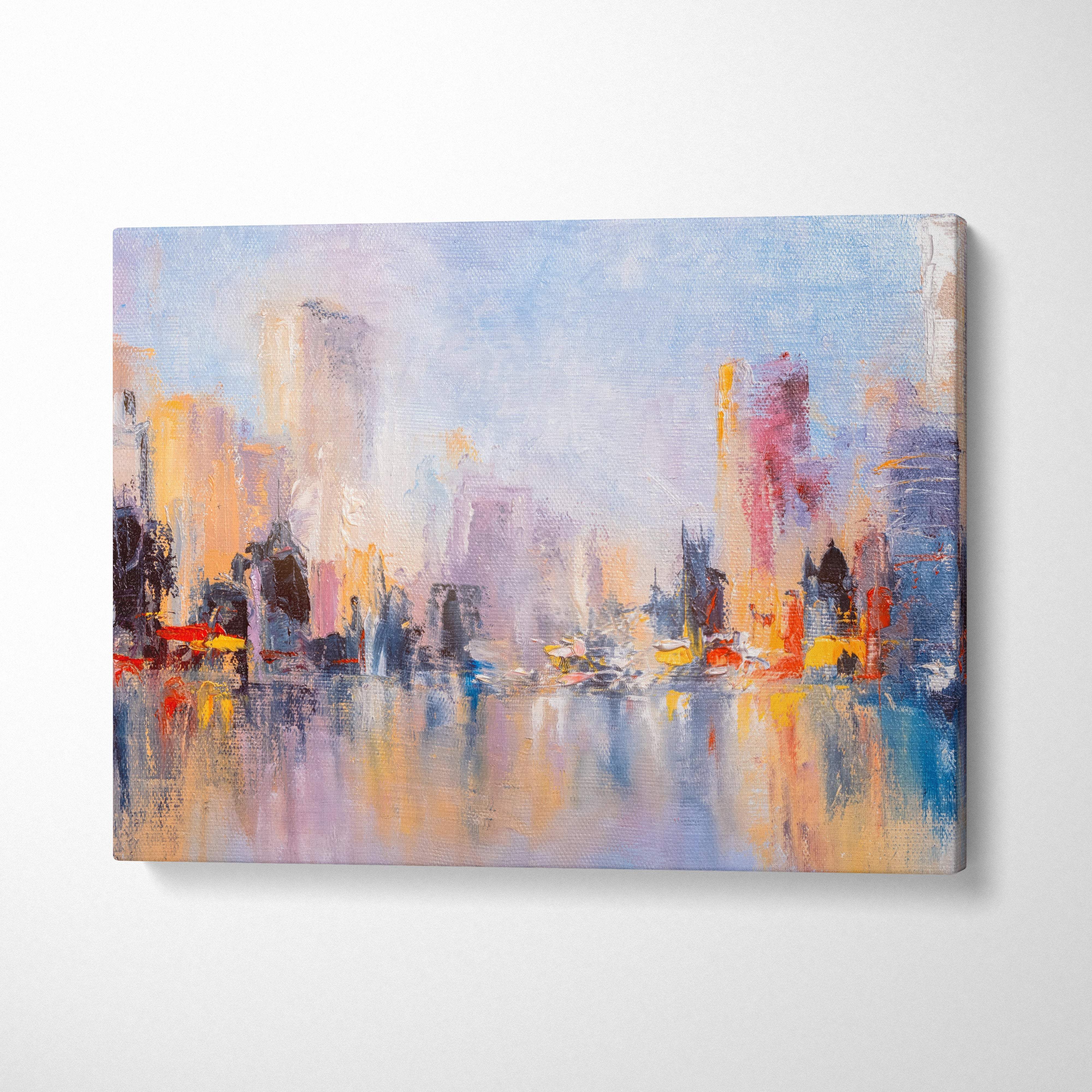 Abstract cityscape reflection painting on stretched canvas with blended blue orange and purple hues modern wall art