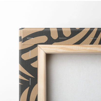 Light wood-framed canvas with black tan leaf pattern and curved shell motifs