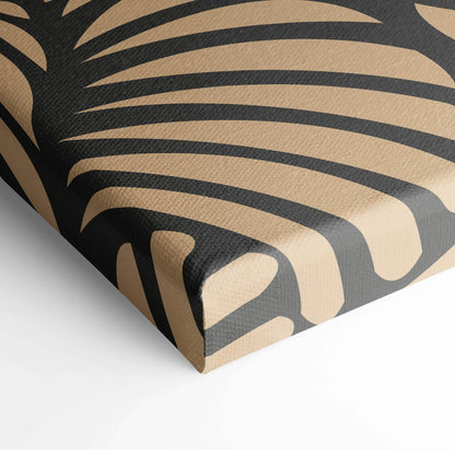Black and beige palm leaf canvas art with charcoal retro Deco shell motifs