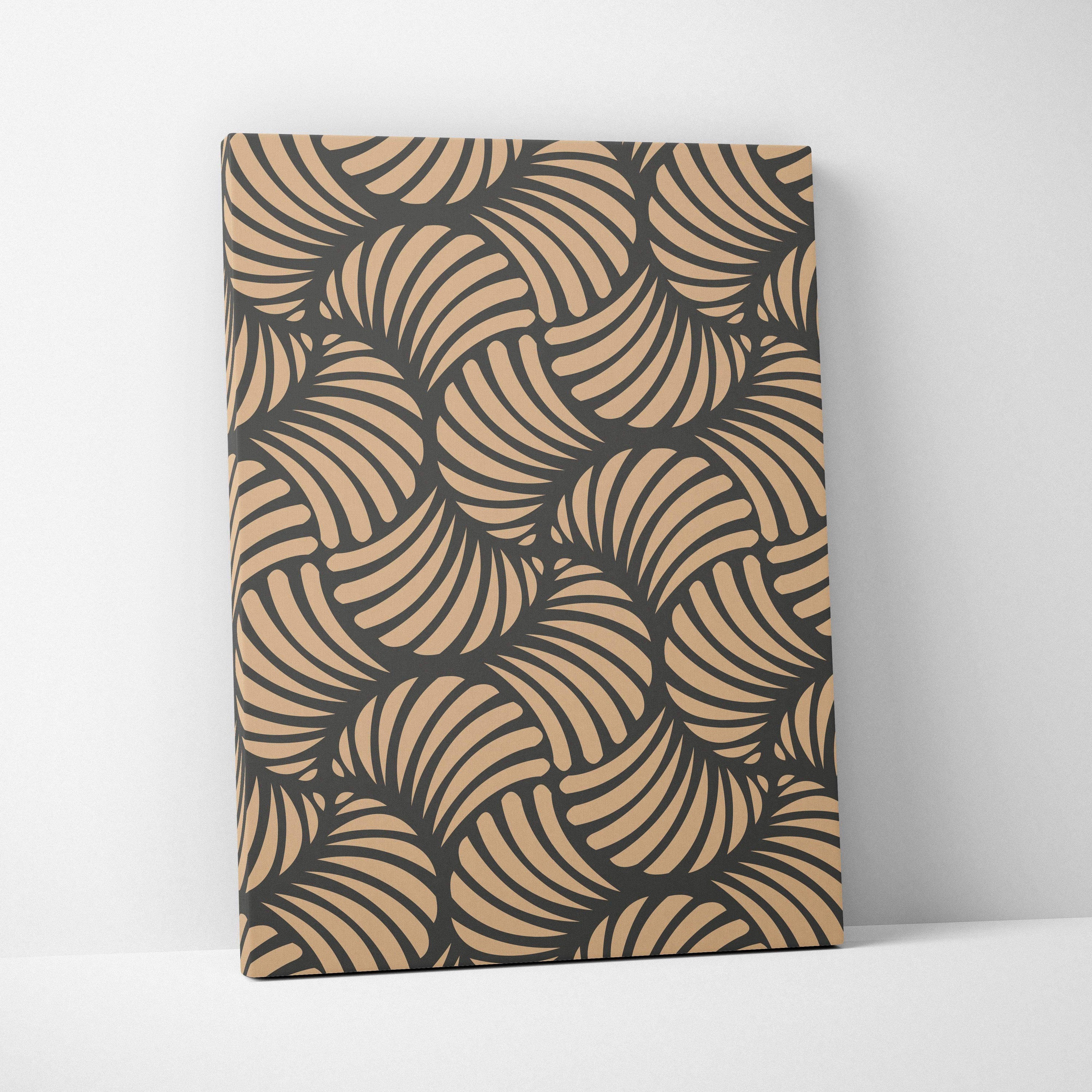 Beige and charcoal seamless abstract pattern canvas wall art with curved shell motifs