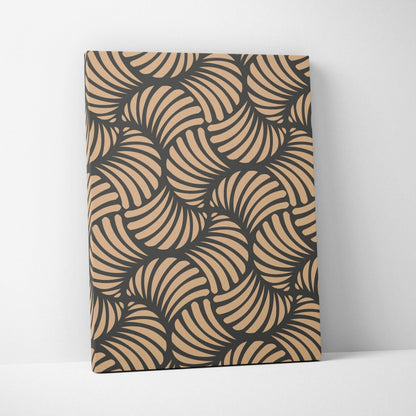 Beige and charcoal seamless abstract pattern canvas wall art with curved shell motifs