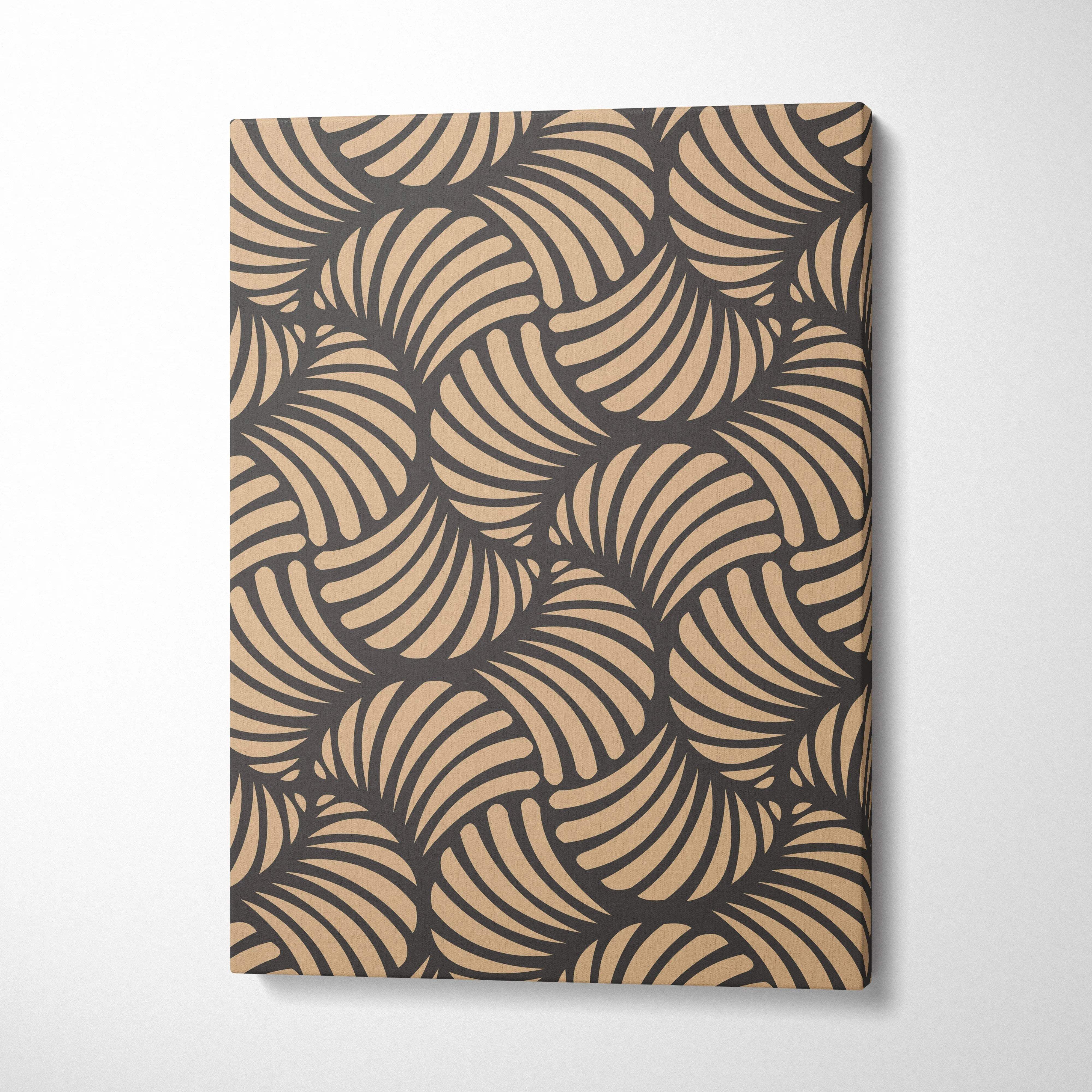 Beige and charcoal seamless abstract pattern canvas wall art with curved shell motifs