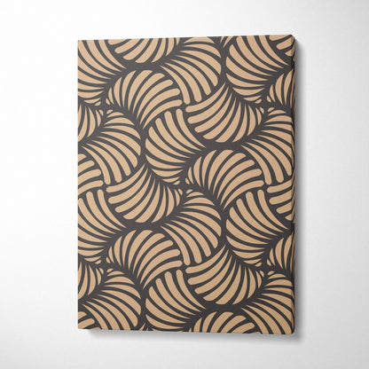 Beige and charcoal seamless abstract pattern canvas wall art with curved shell motifs