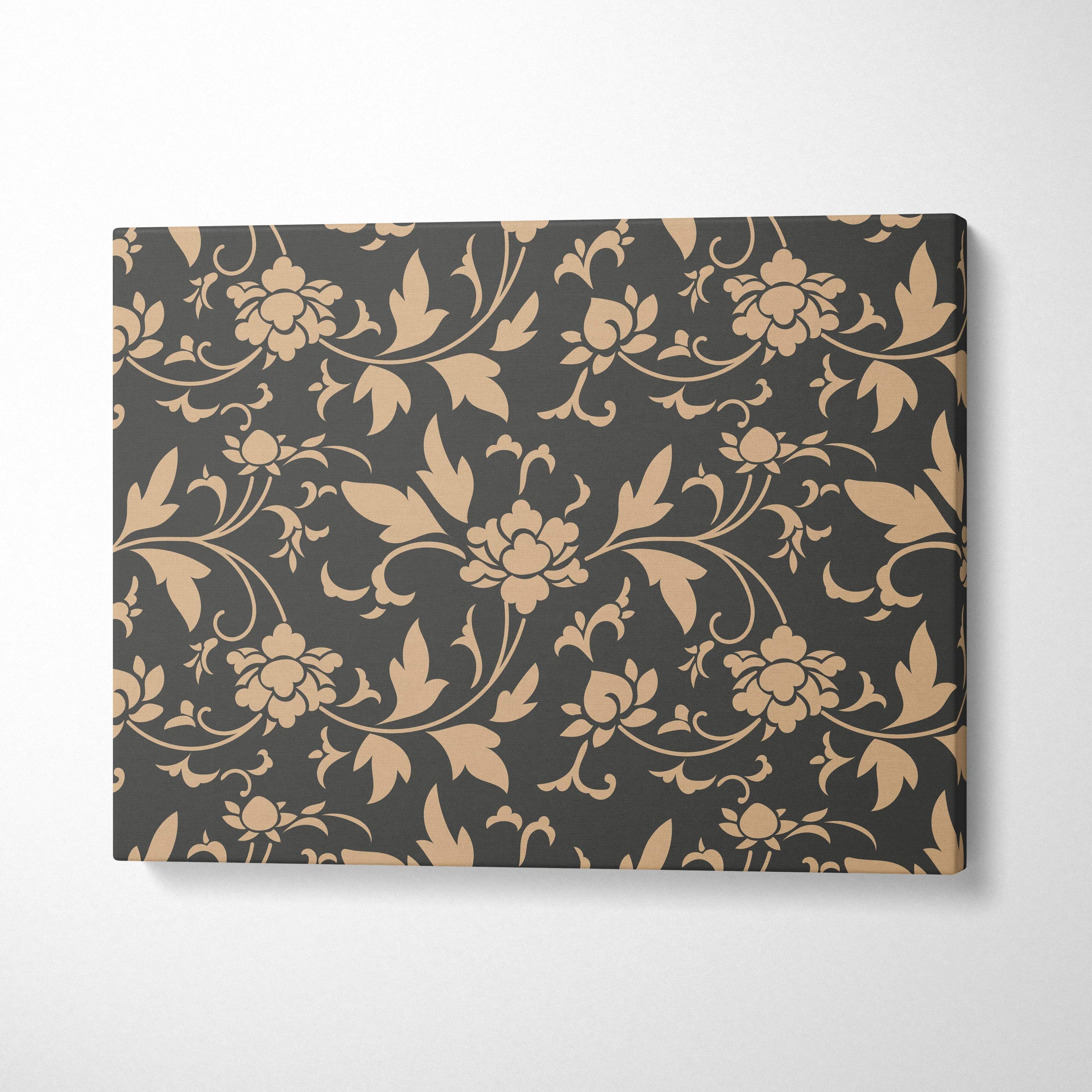 Black canvas print with elegant gold floral vine pattern Victorian damask