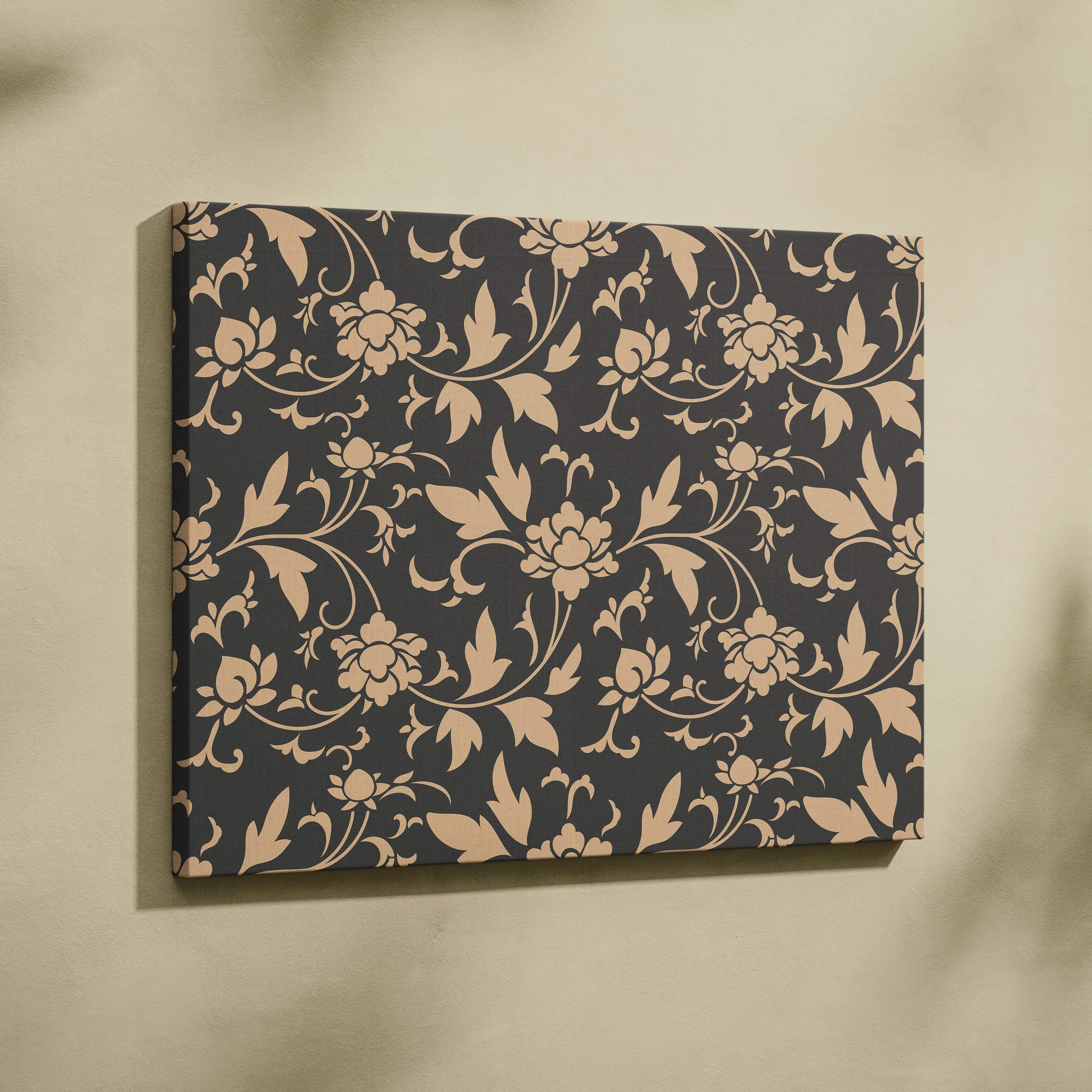 Victorian damask floral beige on charcoal canvas wall art