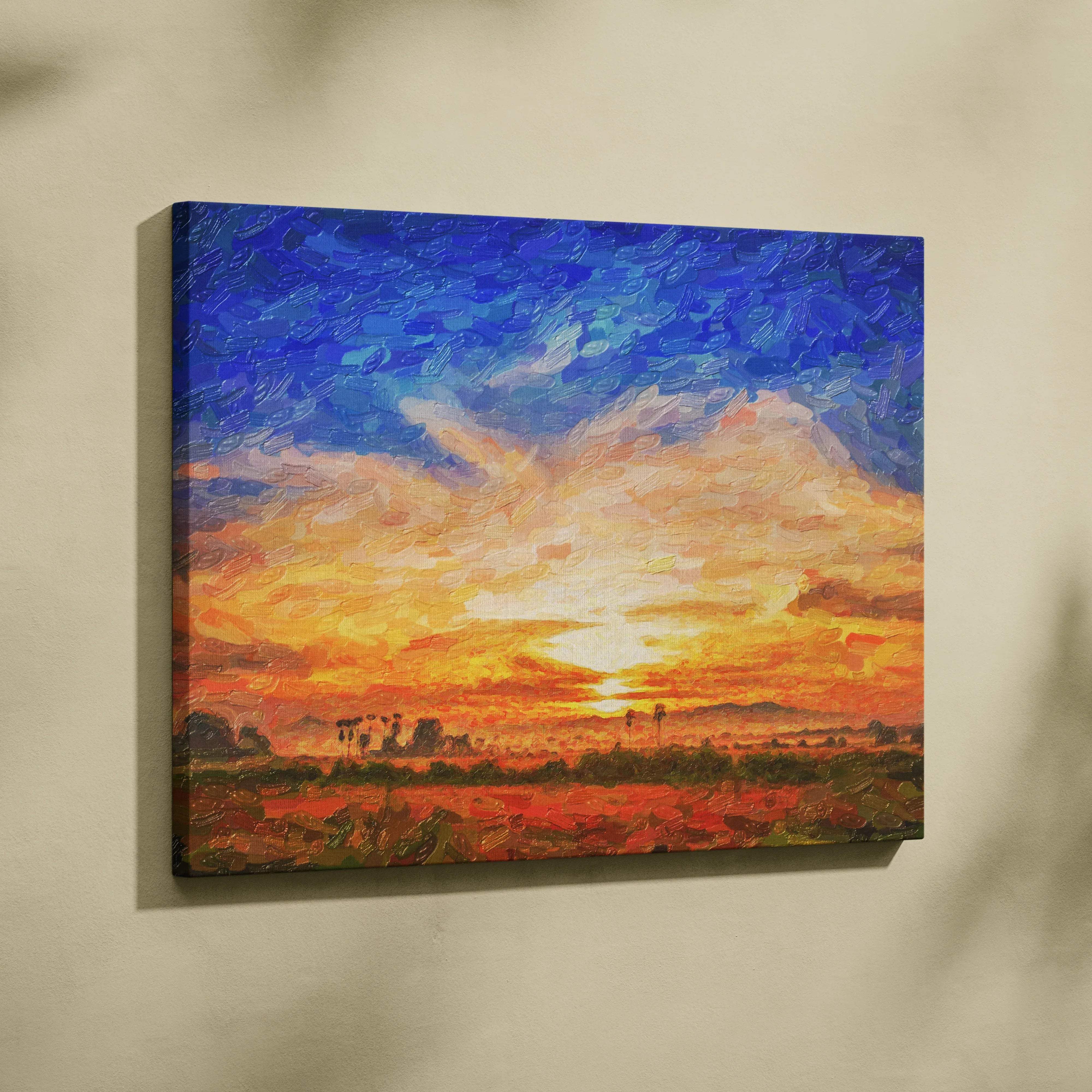 Impressionist sunset canvas wall art in vibrant blue, gold, orange tones