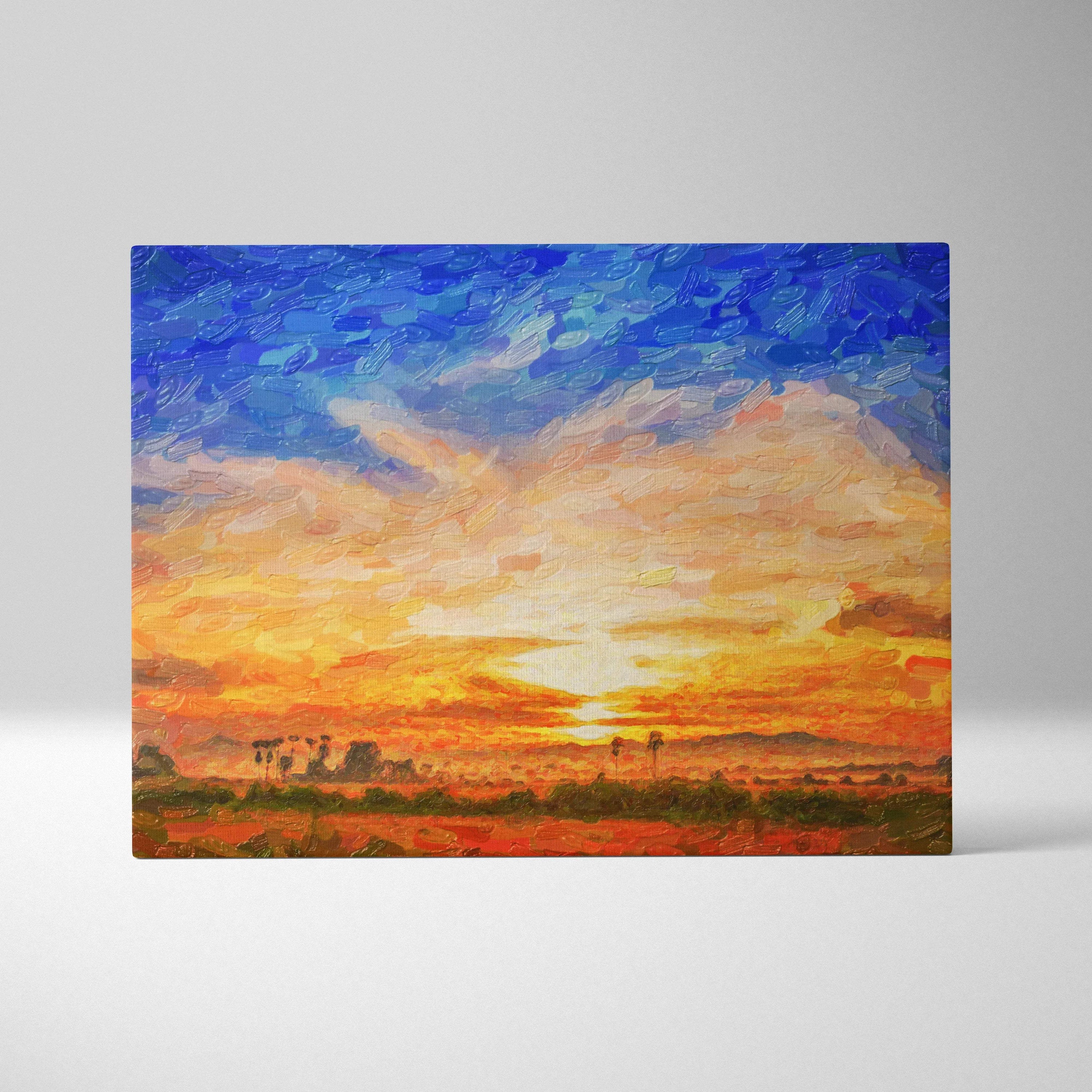 Vibrant impressionist sunset canvas wall art with deep blue, gold, fiery orange sky