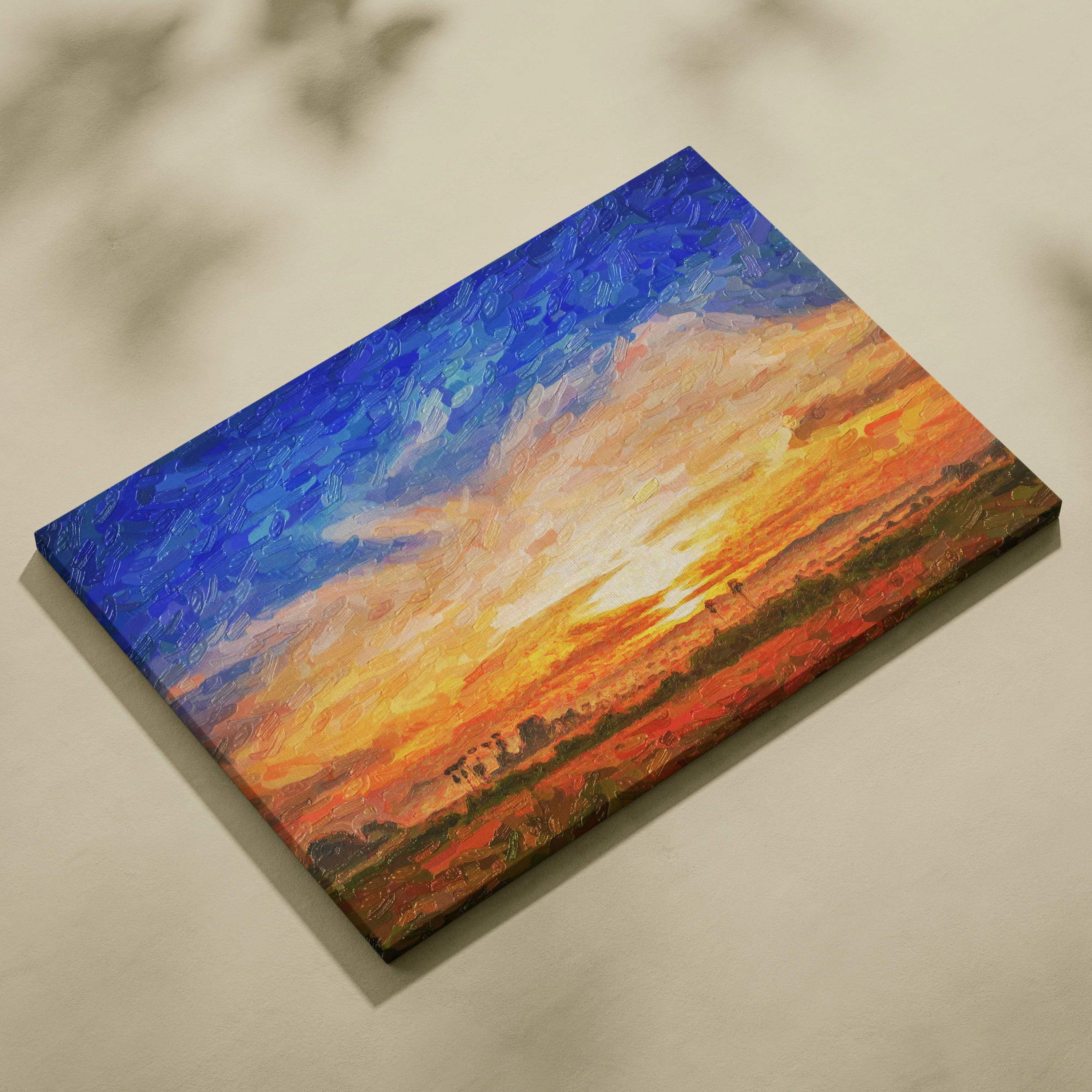 Impressionist sunset landscape canvas wall art in vibrant blue gold orange tones