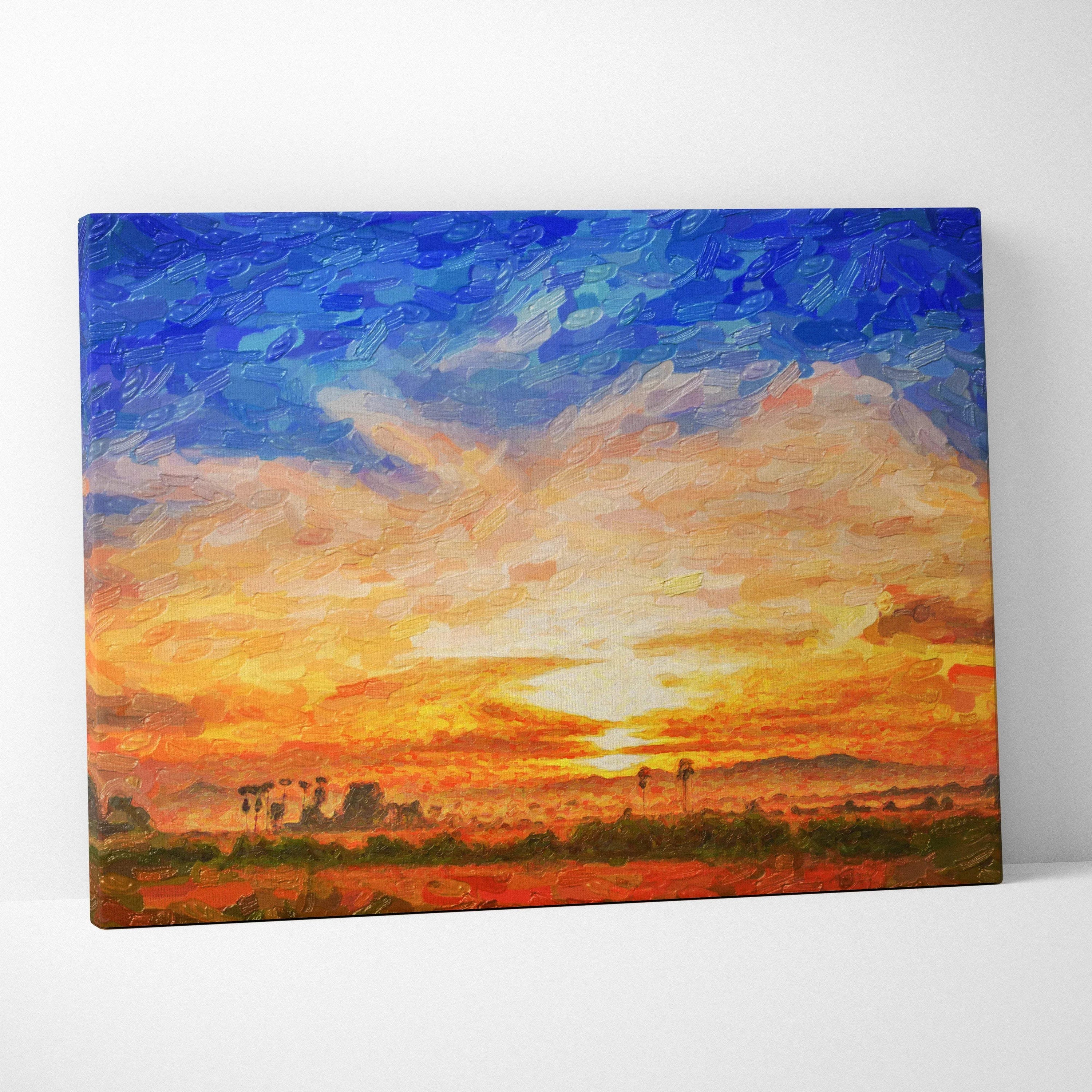 Impressionist sunset canvas wall art with vibrant deep blue gold fiery orange sky and palm trees