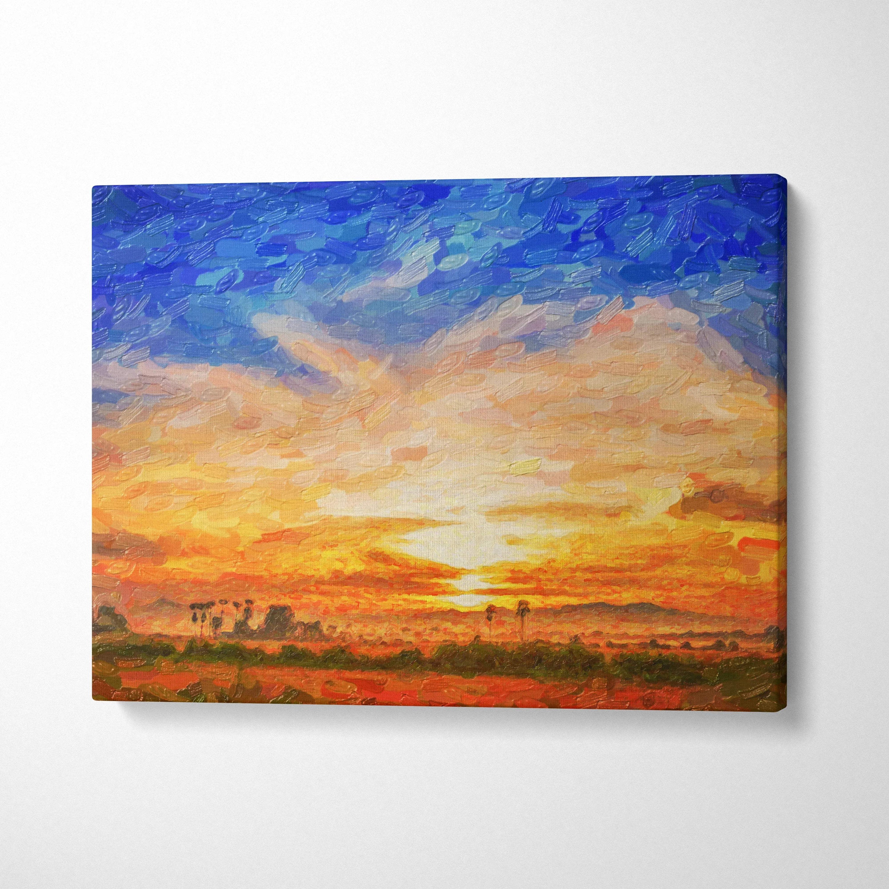 Vibrant impressionist sunset canvas with blue gold orange sky over palms