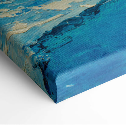 Textured canvas painting of an abstract ocean scene with deep blue water turquoise waves and beige coastal rocks in oil style