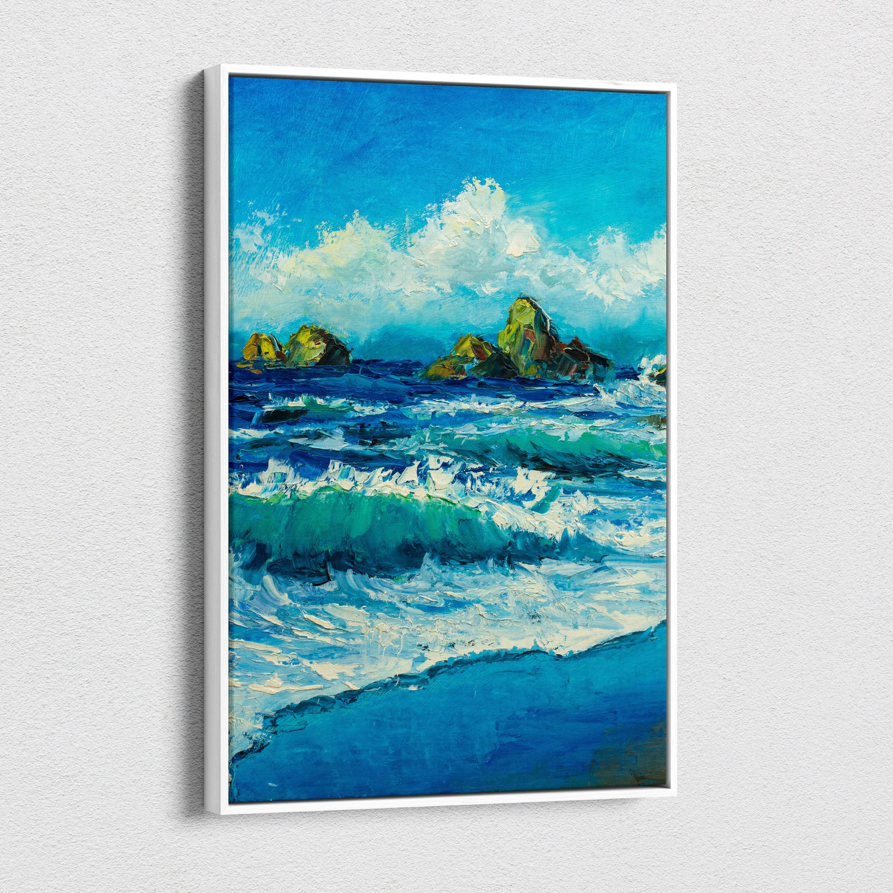 Ocean waves seascape canvas print featuring vibrant deep blue water turquoise waves and textured foam in a white frame