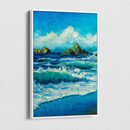 Ocean waves seascape canvas print featuring vibrant deep blue water turquoise waves and textured foam in a white frame