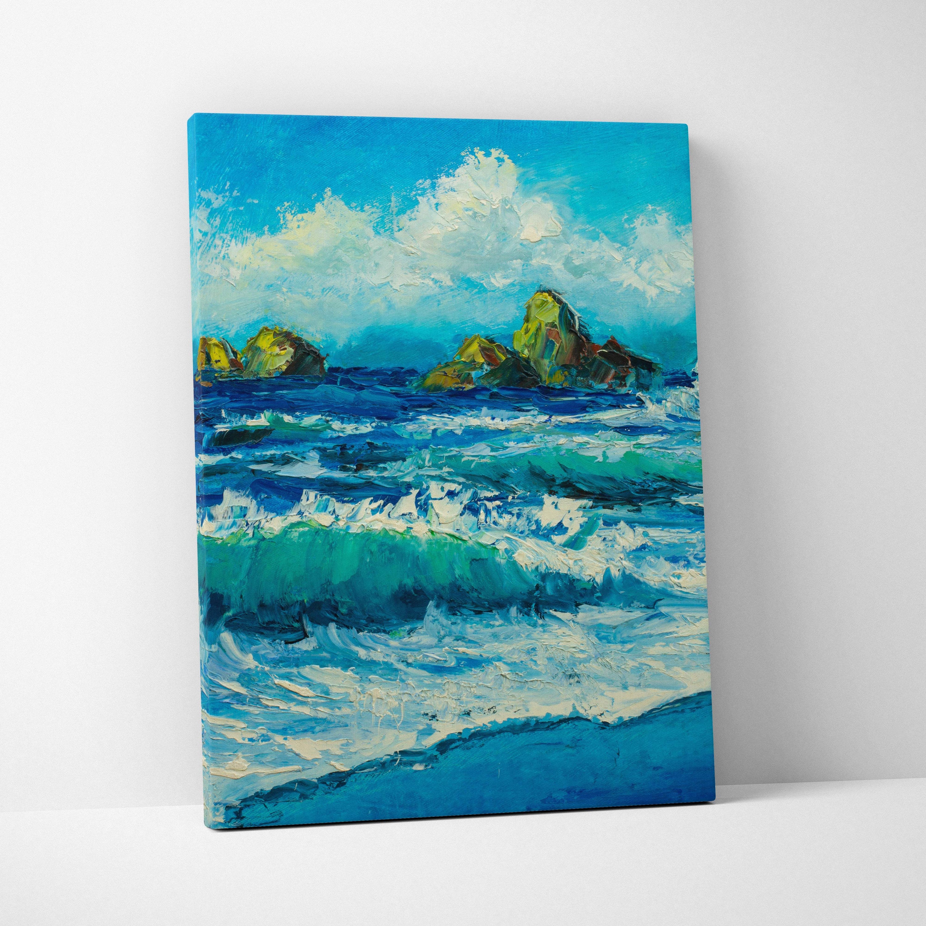 Ocean waves seascape canvas print featuring vibrant blue textured brushstrokes of waves and coastal rocks
