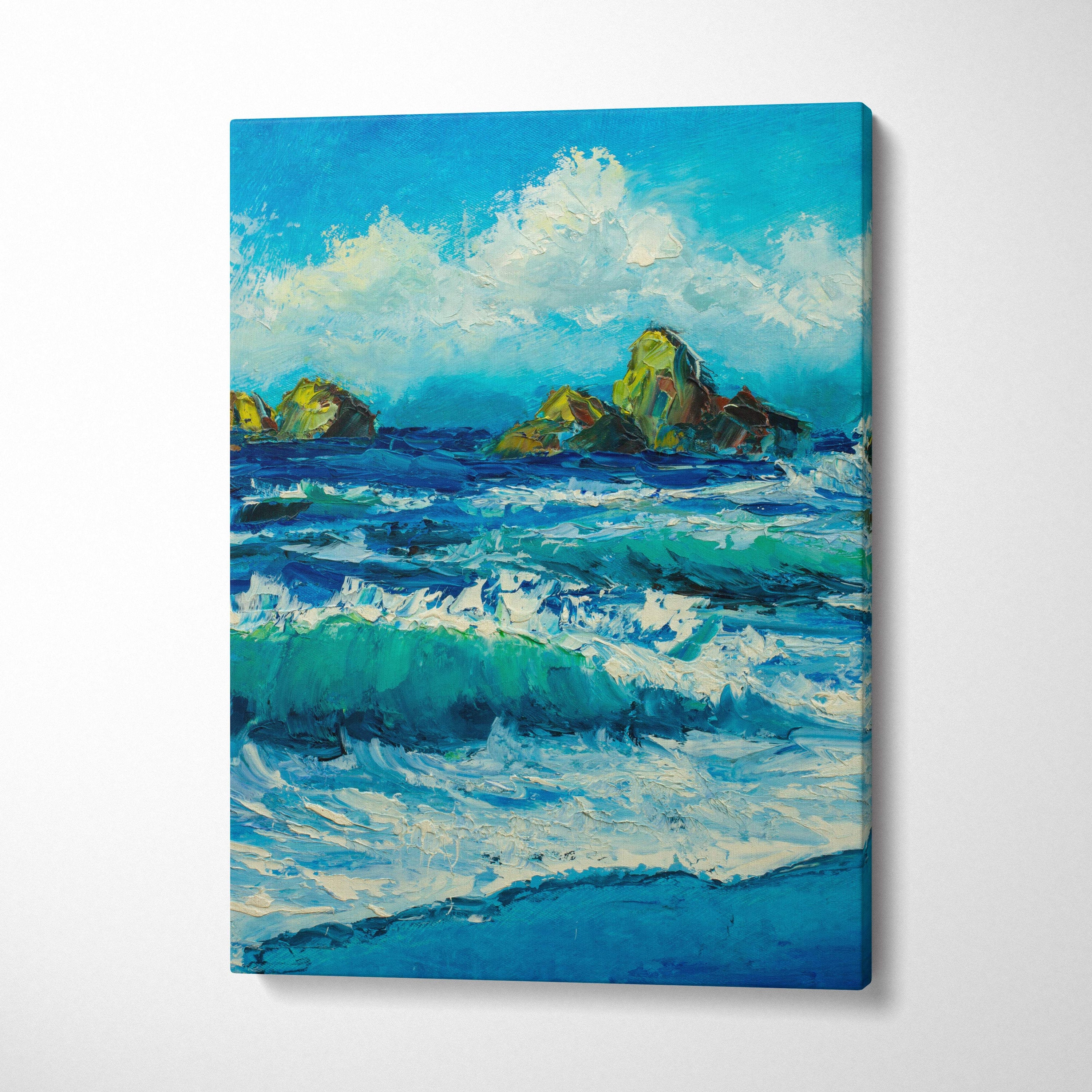 Ocean waves seascape canvas print with vibrant blue turquoise waves crashing on rocks in bold impasto oil painting style