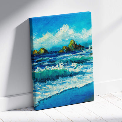 Vibrant ocean waves seascape canvas print with textured brushstrokes of blue water turquoise waves and white foam