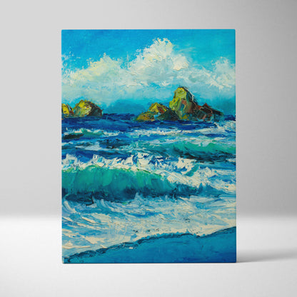 Ocean waves seascape canvas print with vibrant blue and turquoise waves crashing on rocky outcrops in impasto oil style