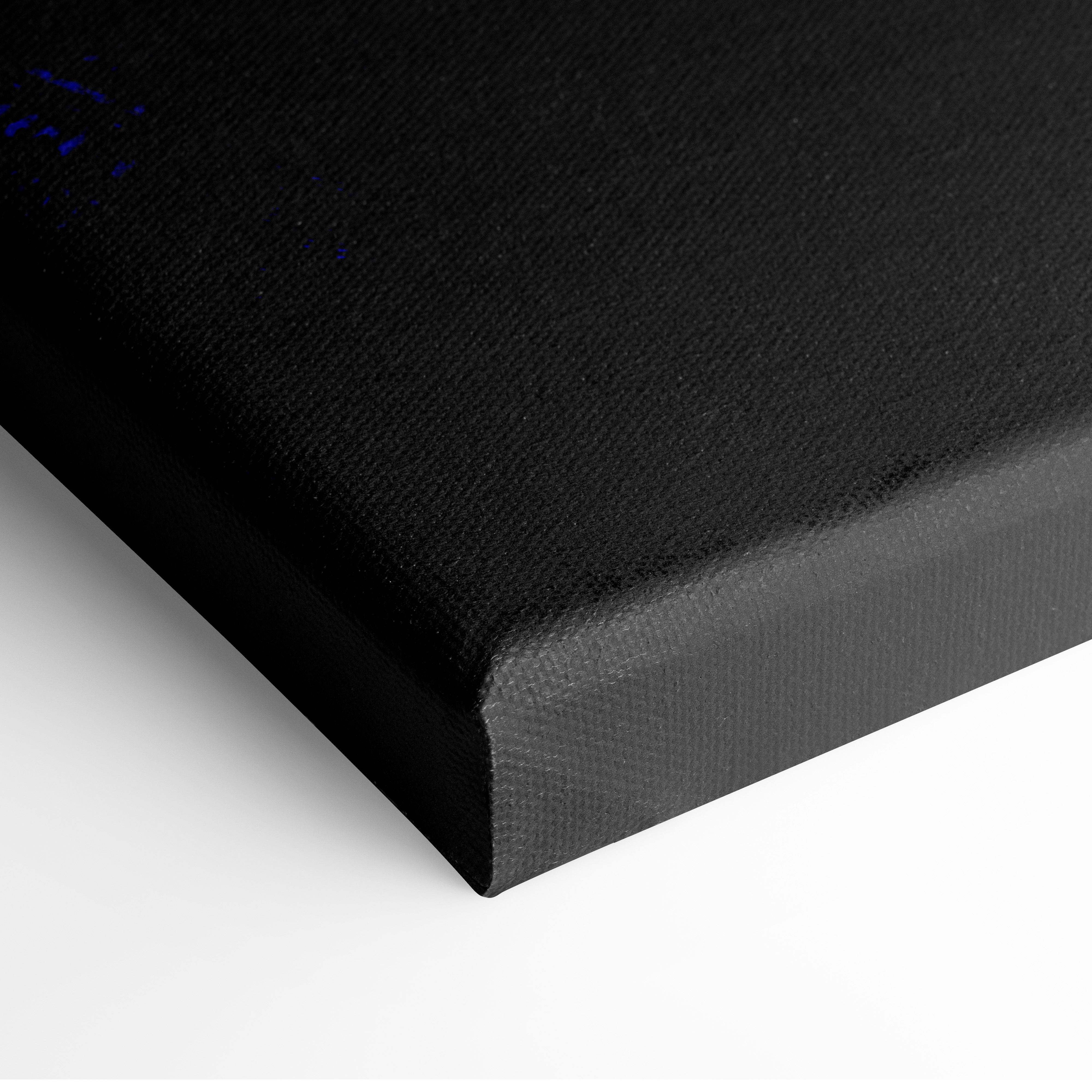 Black canvas art with textured surface and subtle blue speckles in japanese ink style samurai silhouette design