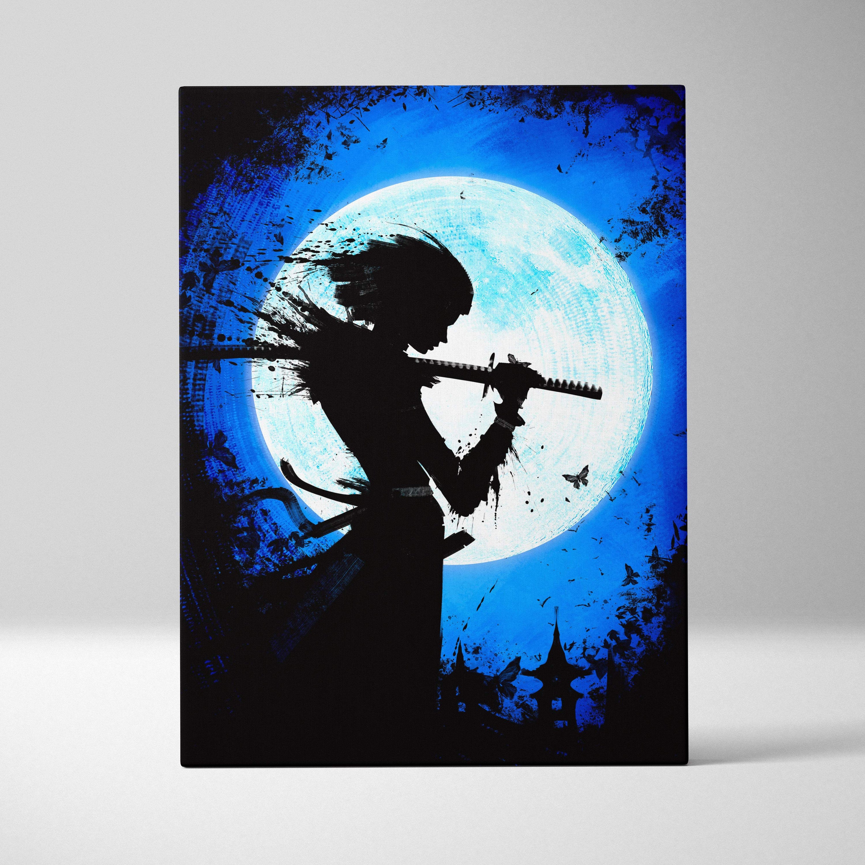 Black silhouette samurai canvas print with katana against vibrant blue moonlit backdrop japanese ink style wall decor