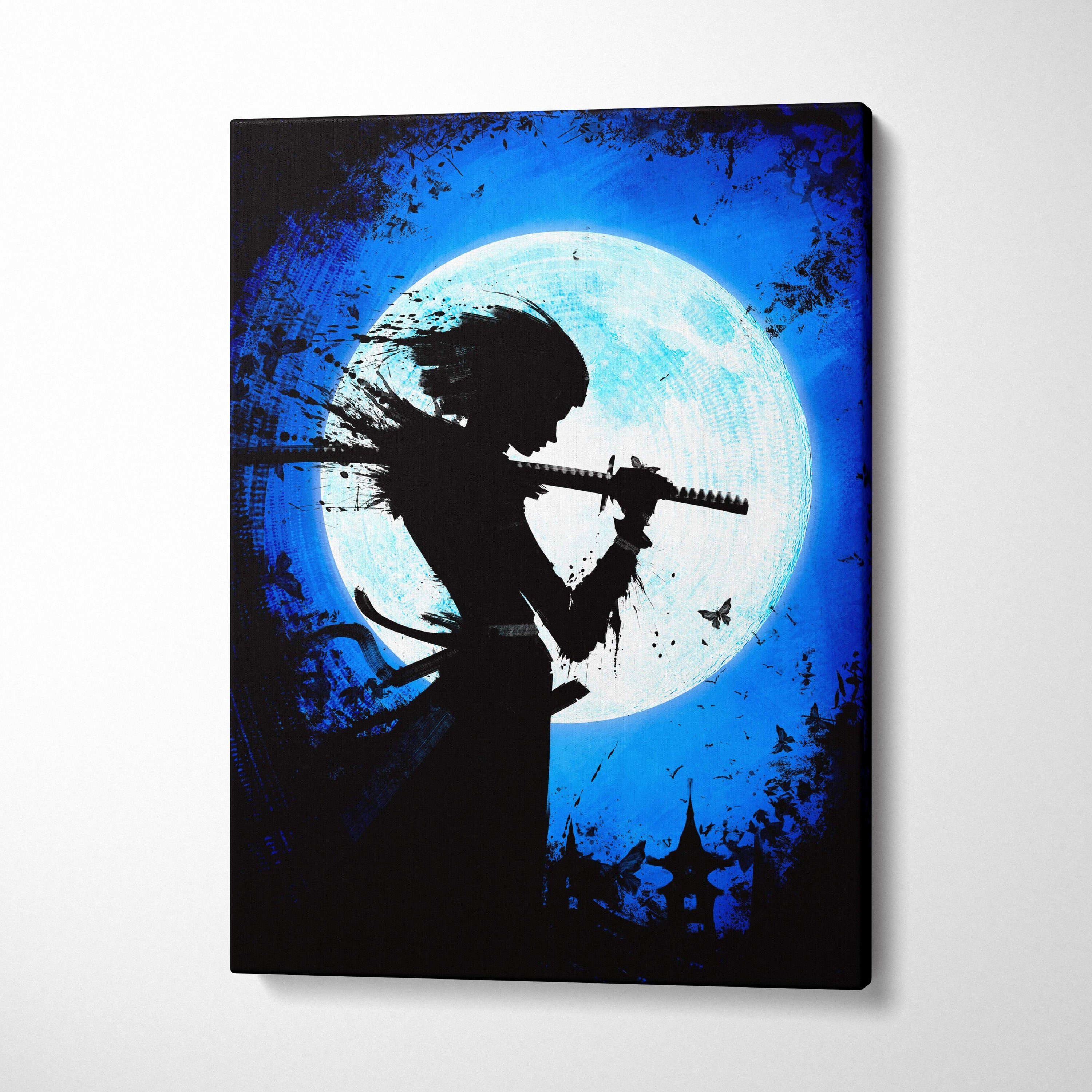 Black silhouette samurai canvas print with katana against vibrant blue moonlit Japanese ink style background