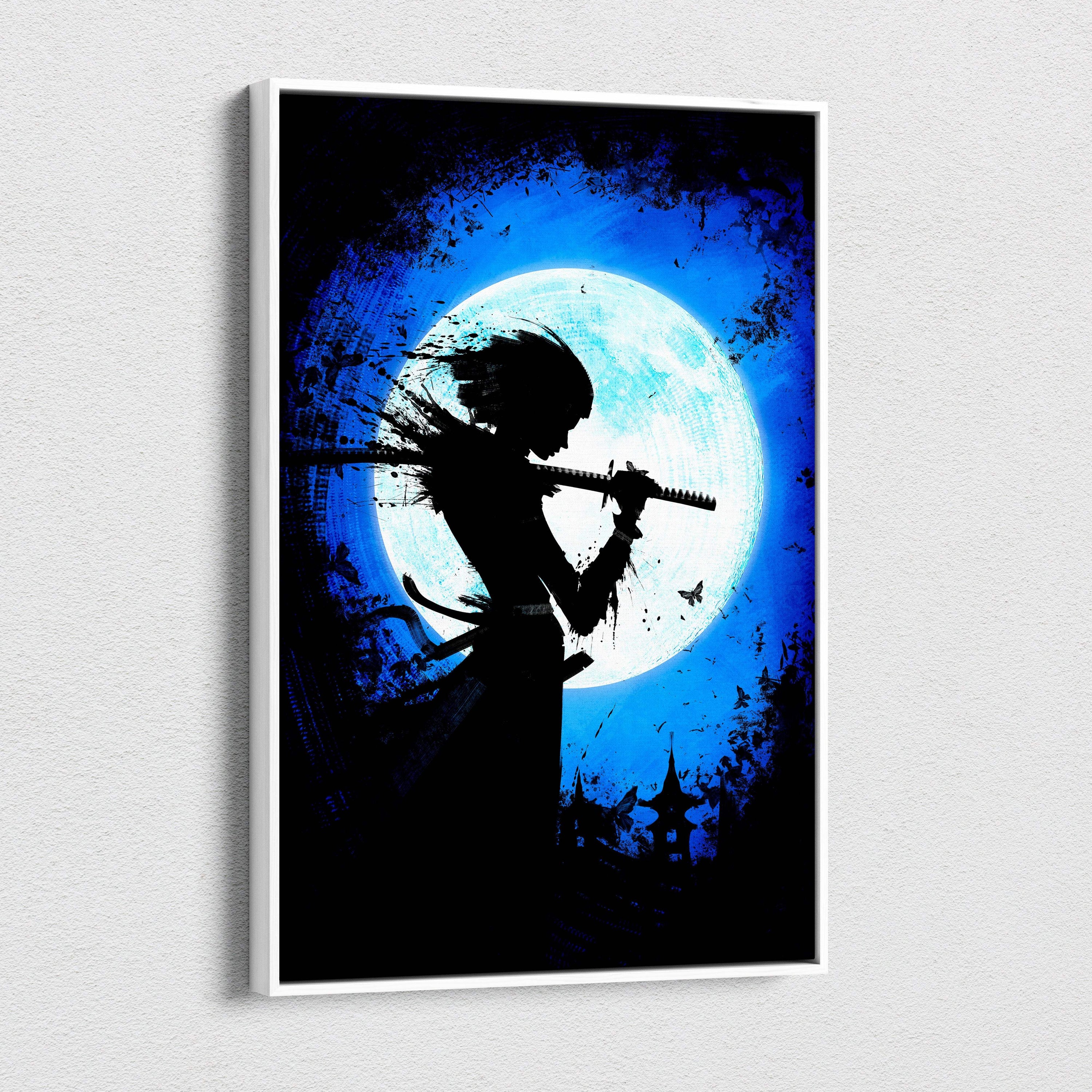A framed canvas print of a black samurai silhouette holding a katana against a vibrant blue moonlit background