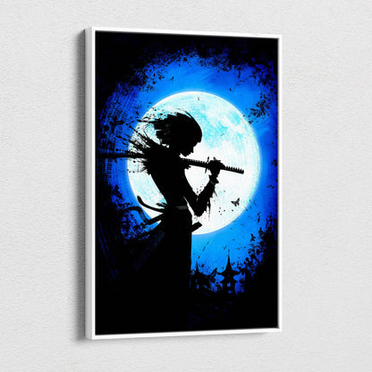 A framed canvas print of a black samurai silhouette holding a katana against a vibrant blue moonlit background