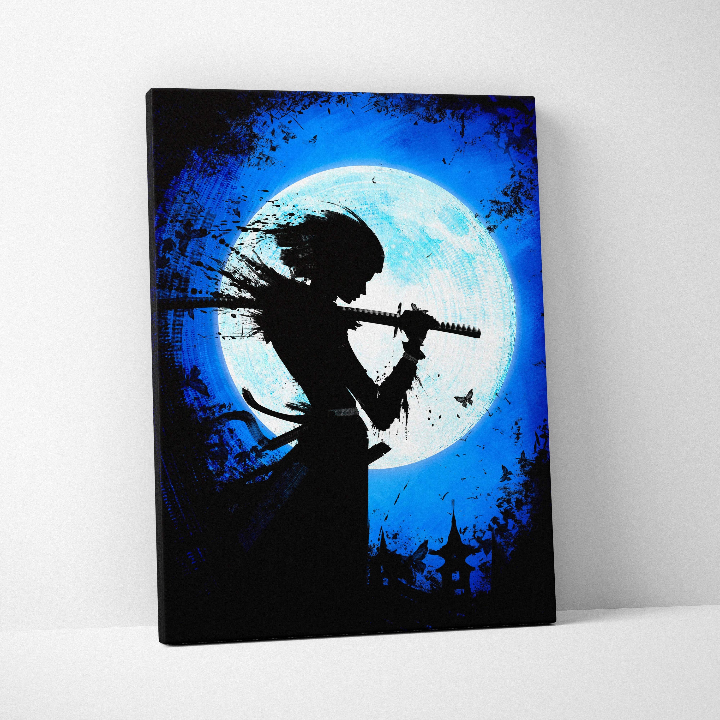 Black silhouette samurai canvas print with katana against vibrant blue moonlit background in japanese ink style