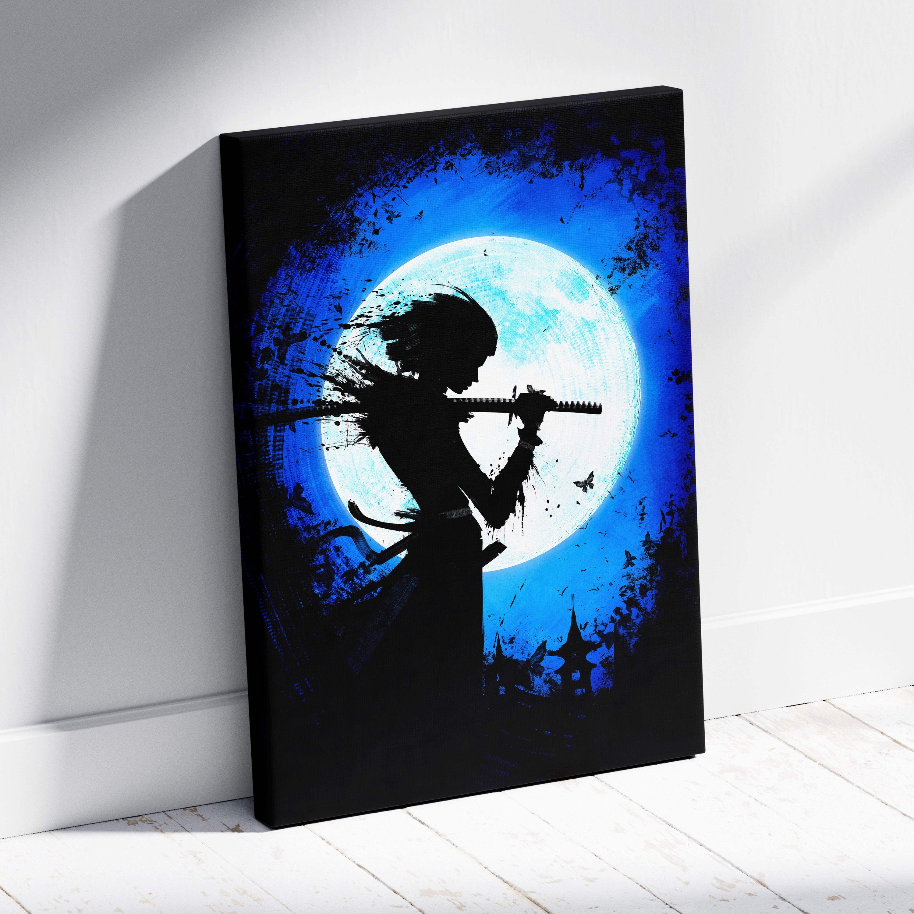 Black canvas print of samurai silhouette holding katana under vibrant blue moon for japanese ink style wall decor
