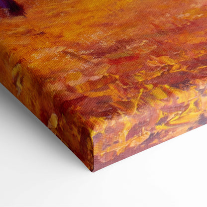 A vibrant abstract canvas painting with bold orange yellow and deep red strokes on textured fabric for wall art