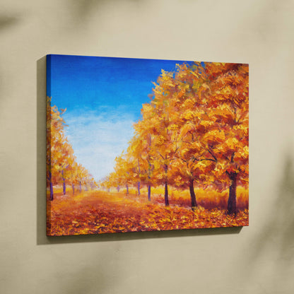 Autumn trees landscape canvas print featuring vibrant golden fall foliage under a clear blue sky wall art