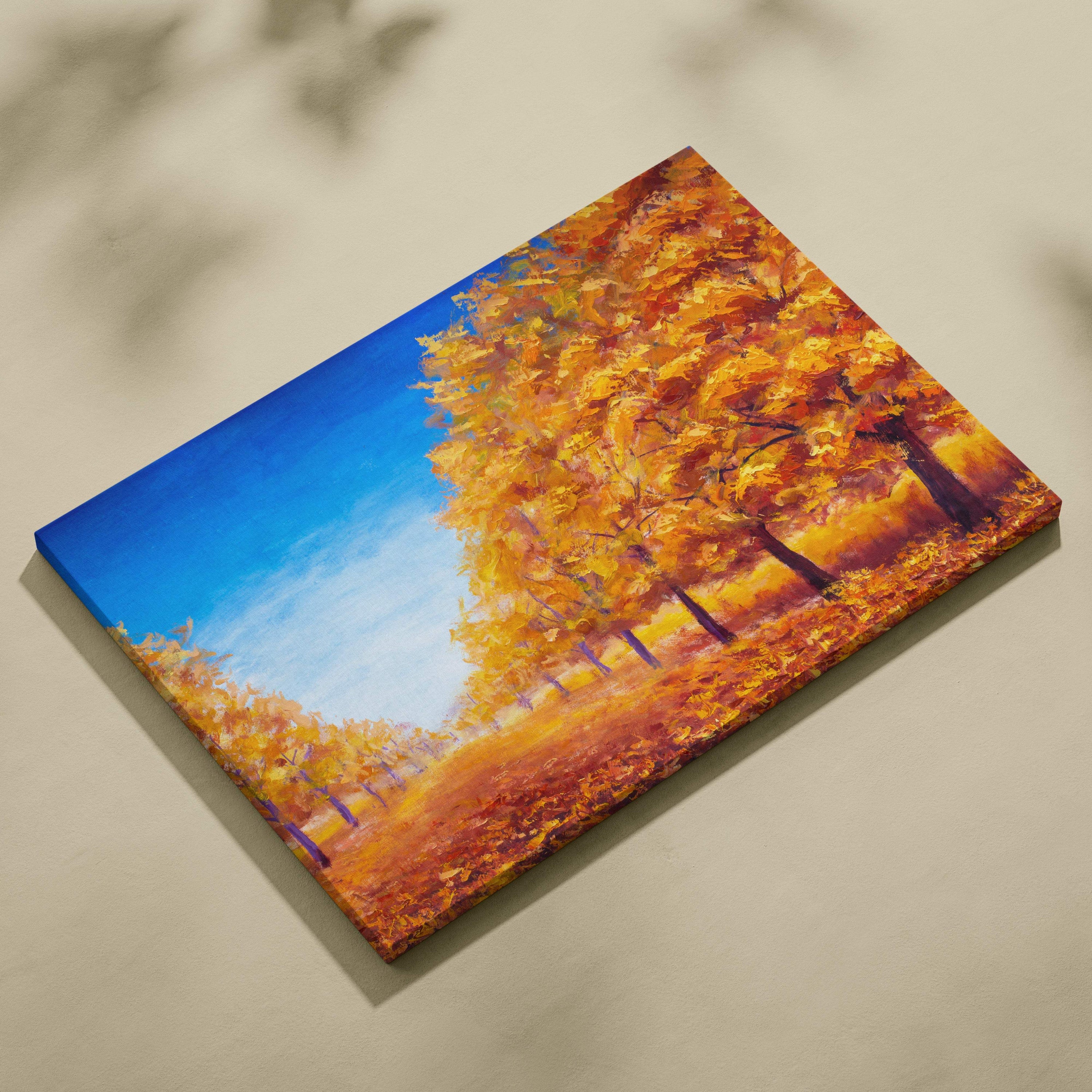 Autumn trees landscape canvas print featuring vibrant golden fall foliage with textured brushstrokes on stretched canvas