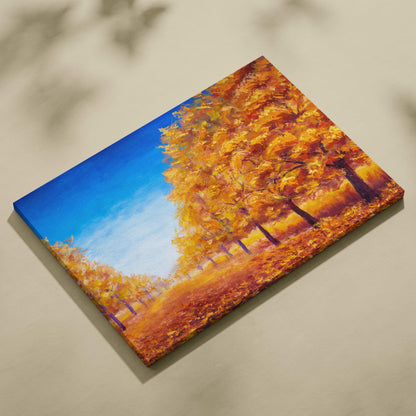 Autumn trees landscape canvas print featuring vibrant golden fall foliage with textured brushstrokes on stretched canvas