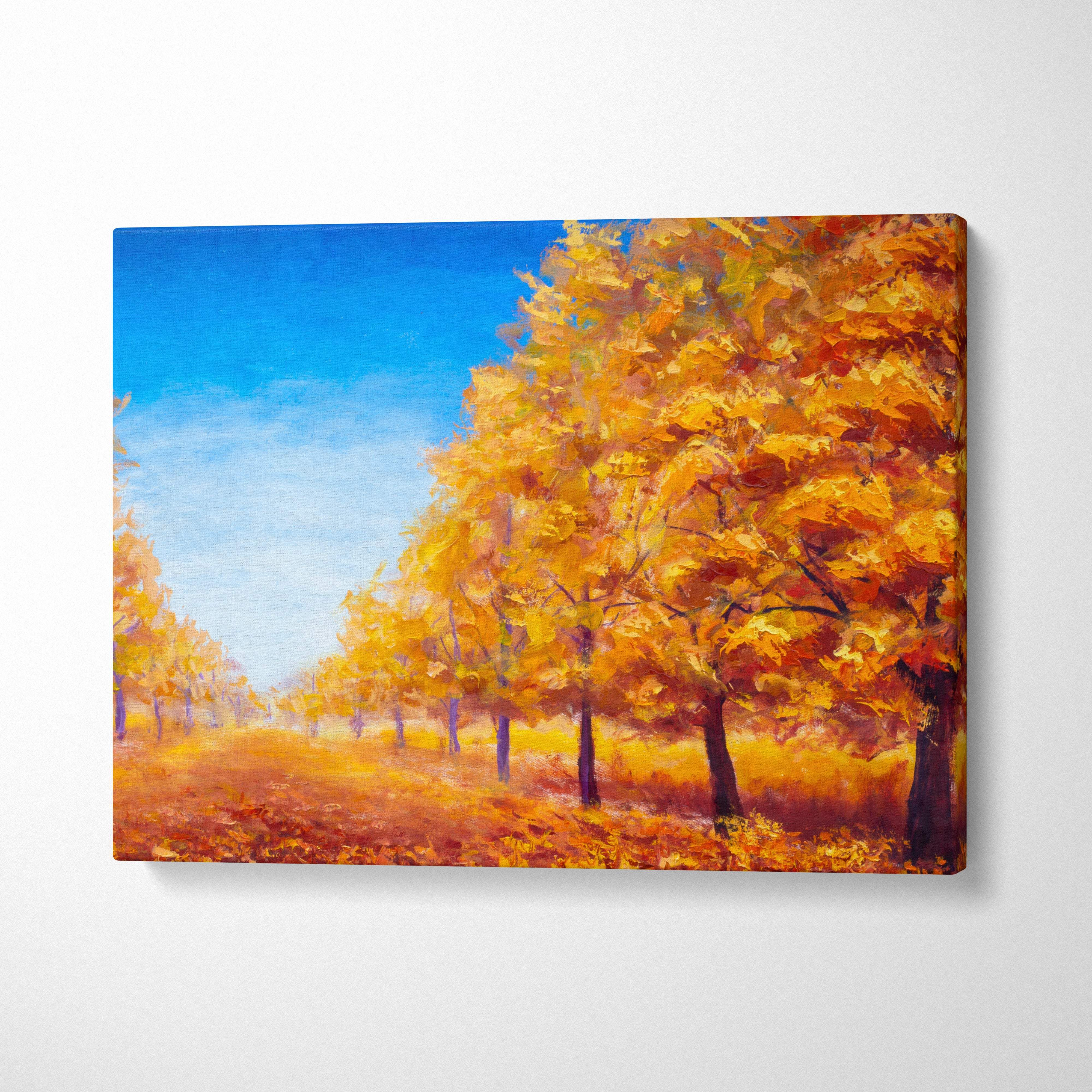 Canvas painting of vibrant autumn landscape with golden trees and clear blue sky fall foliage wall art print
