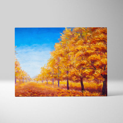 A vibrant autumn trees landscape painting with golden and orange foliage on blue sky canvas wall art print