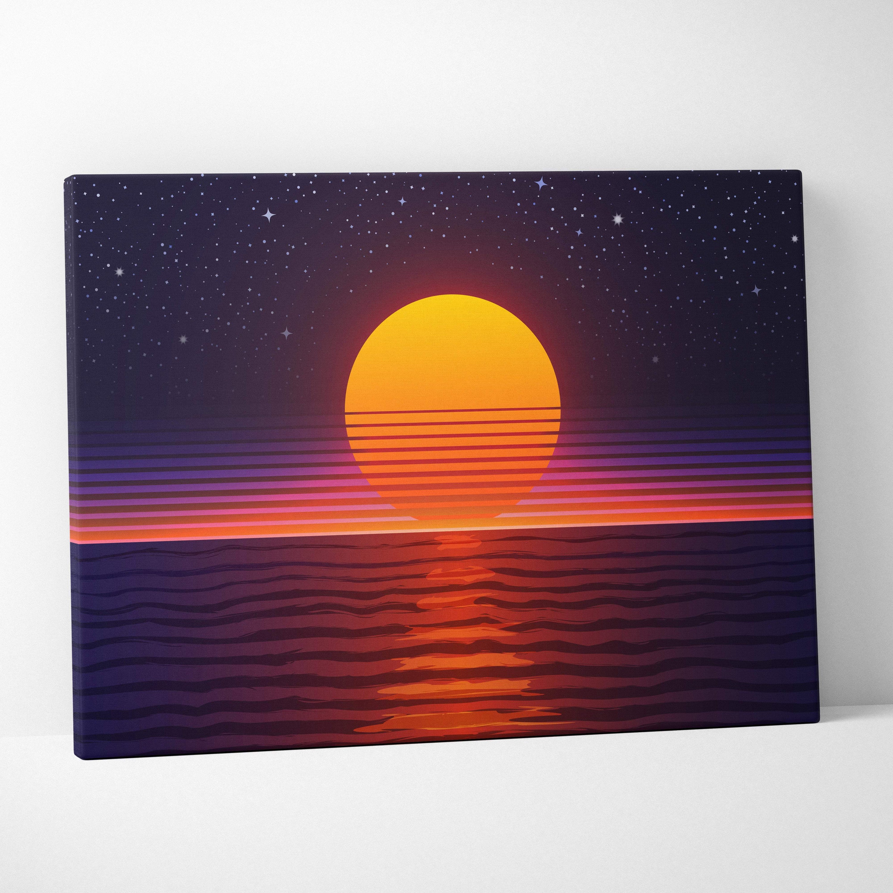 Retrowave ocean sunset canvas art print with vibrant orange sun over purple and red waves on a starry dark blue sky