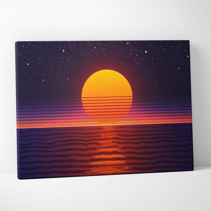 Retrowave ocean sunset canvas art print with vibrant orange sun over purple and red waves on a starry dark blue sky