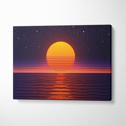 Retrowave ocean sunset canvas art print with glowing orange sun over purple and red stylized ocean waves and starry sky