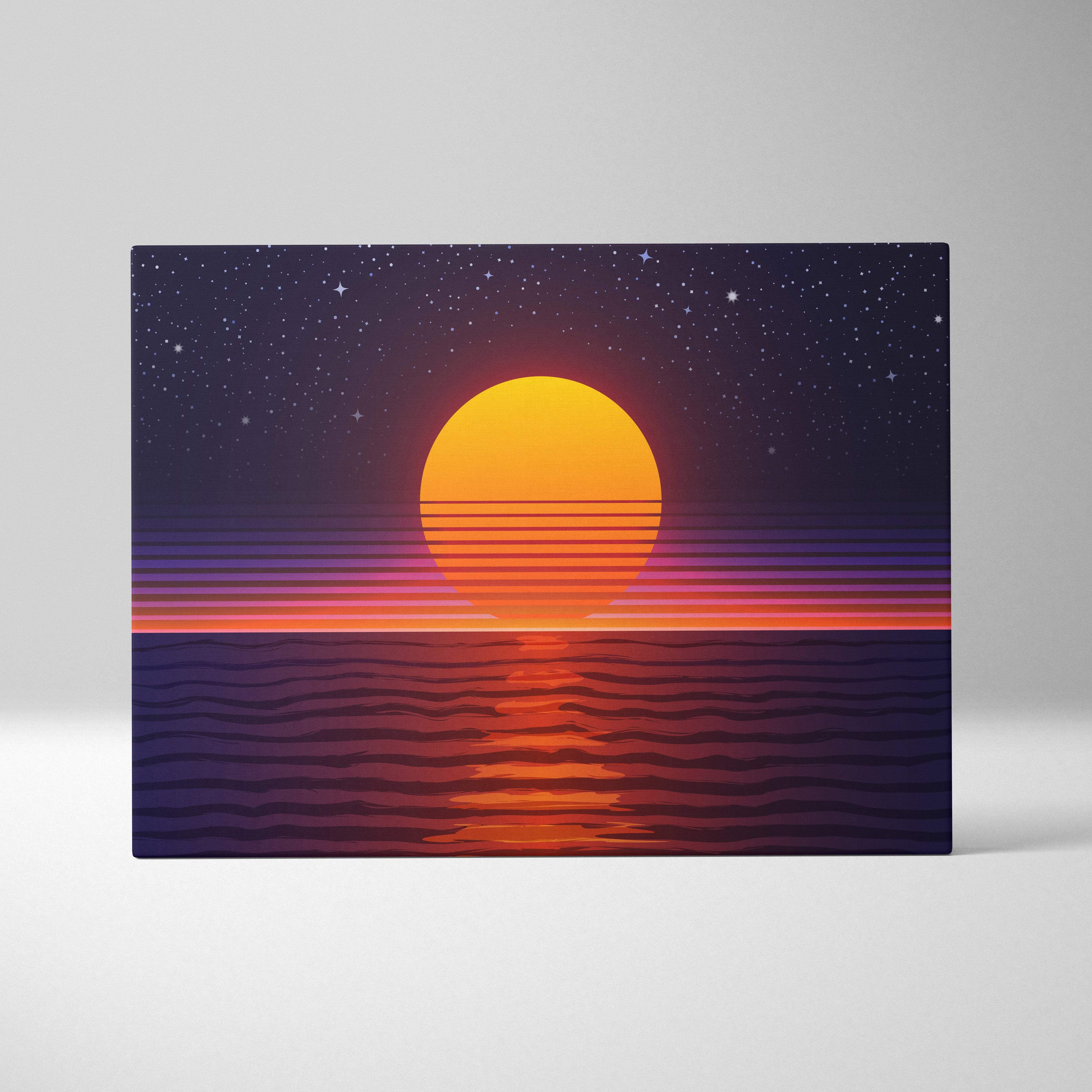 Retro-style canvas art print featuring an orange sun setting over purple and red ocean waves with a starry night sky