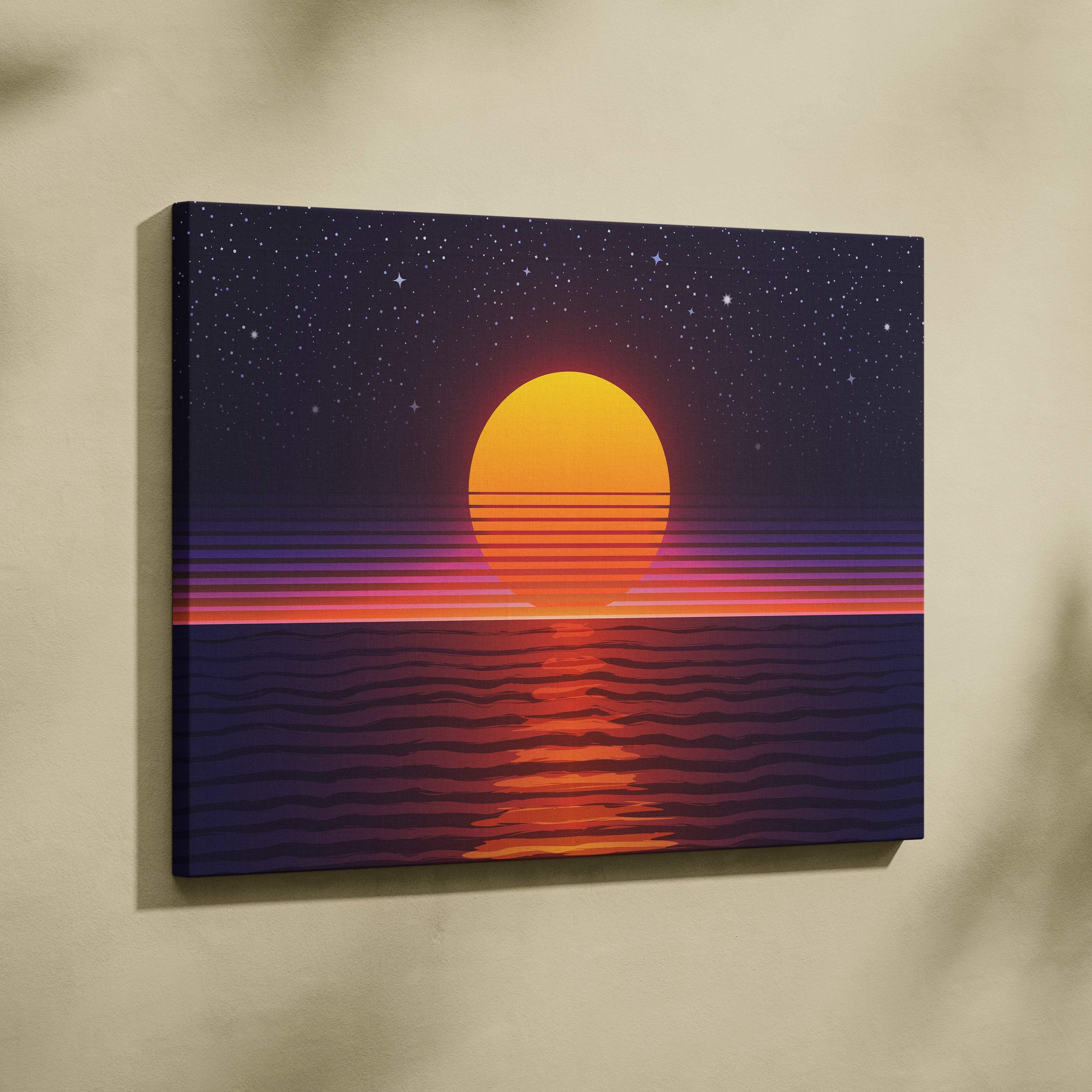 Retrowave ocean sunset canvas art print with vibrant orange sun and purple pink gradient waves on starry dark blue sky