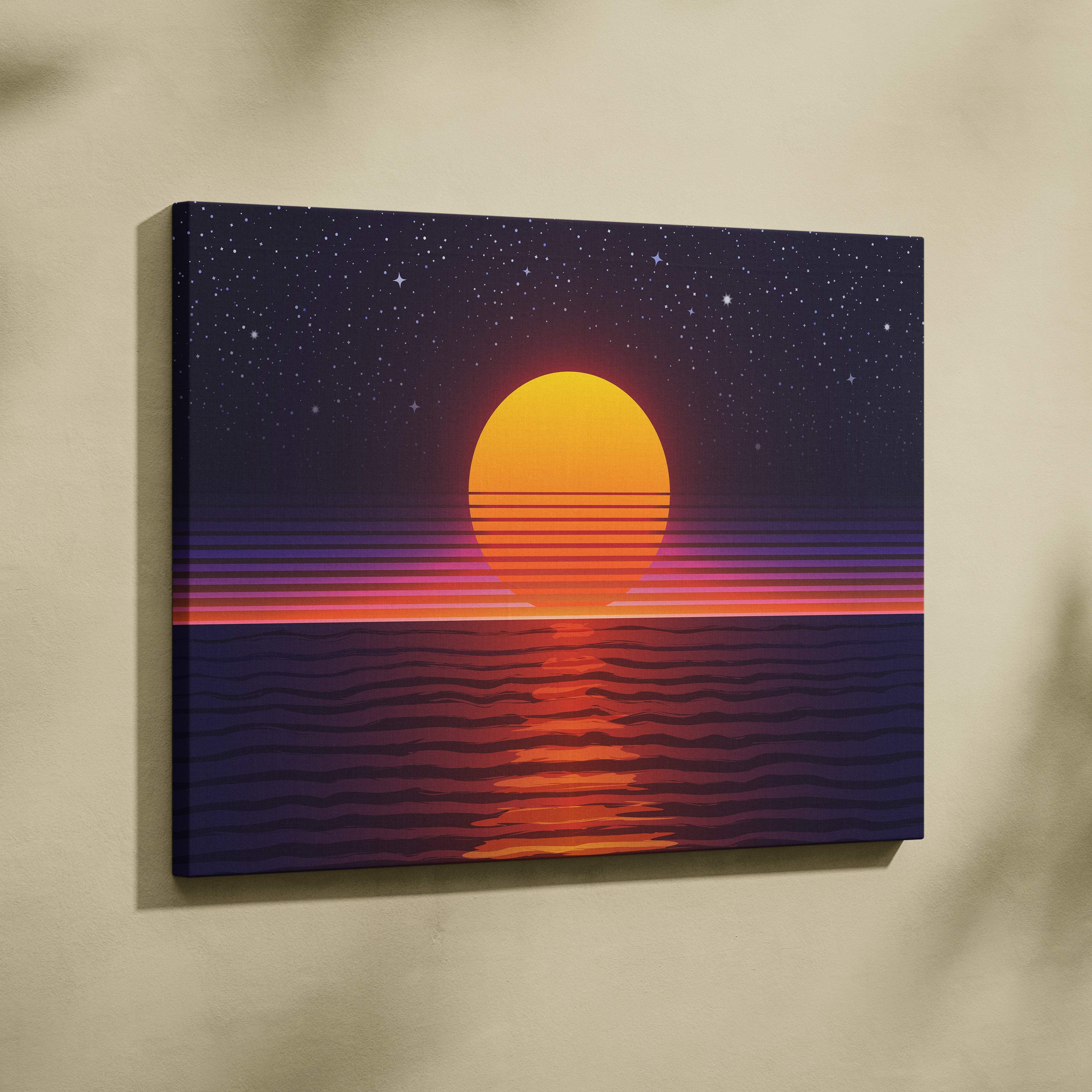 Retrowave ocean sunset canvas art print with vibrant orange sun and purple pink gradient waves on starry dark blue sky